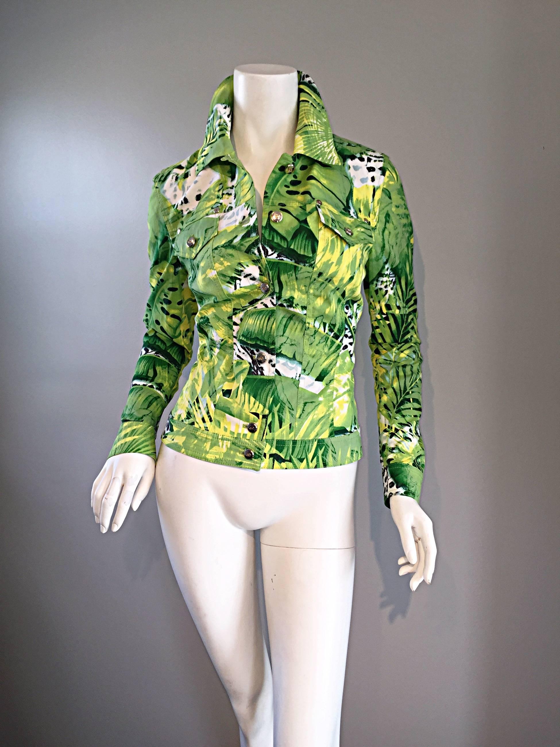 Women's Amazing New ESCADA Green + White ' Palm Trees ' White Denim Jacket  For Sale
