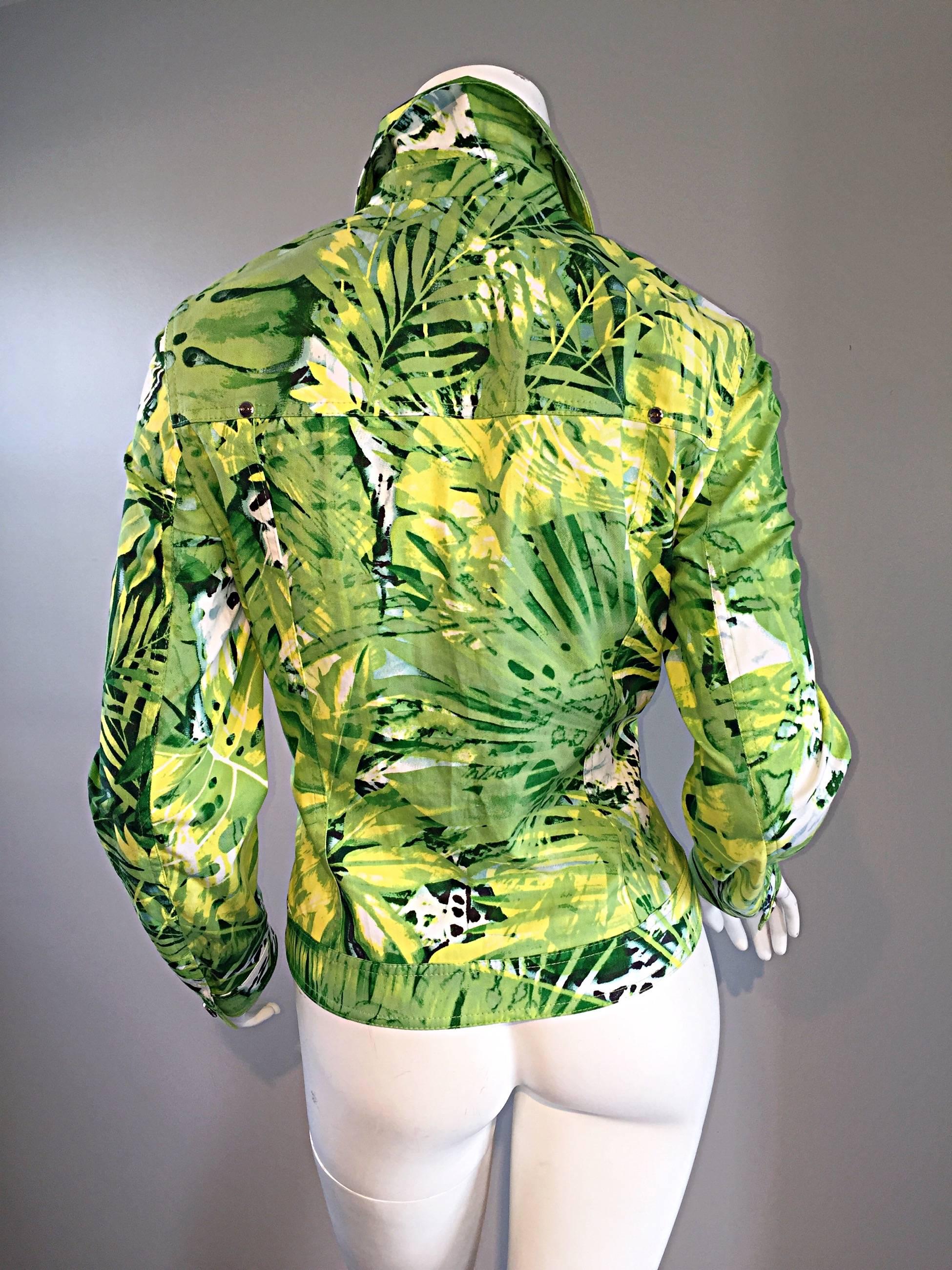 Amazing New ESCADA Green + White ' Palm Trees ' White Denim Jacket  For Sale 2