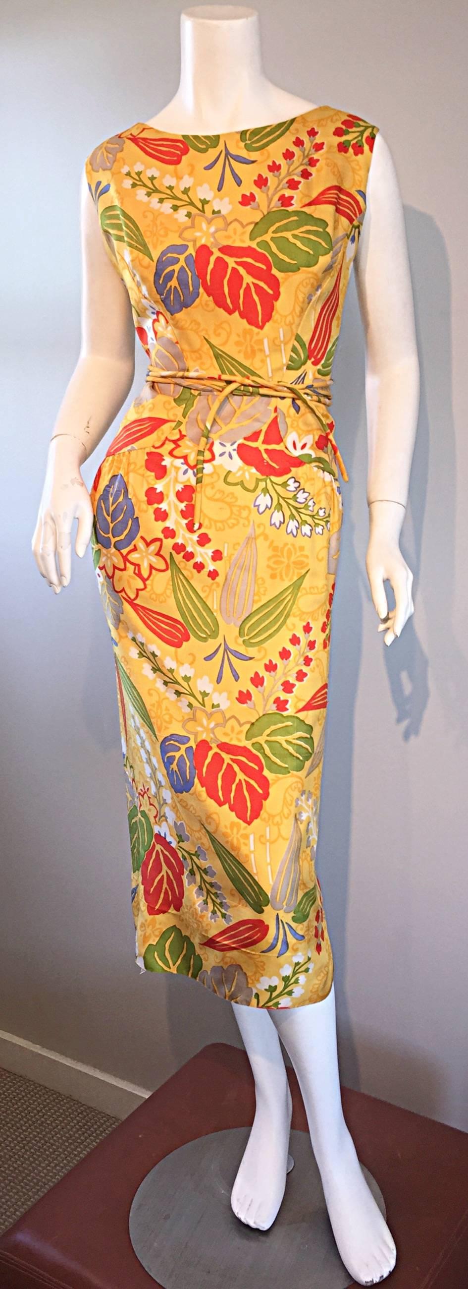 1950s Adele Simpson Vintage ' Leaves + Flowers ' Yellow Colorful Silk 50s Dress For Sale 1