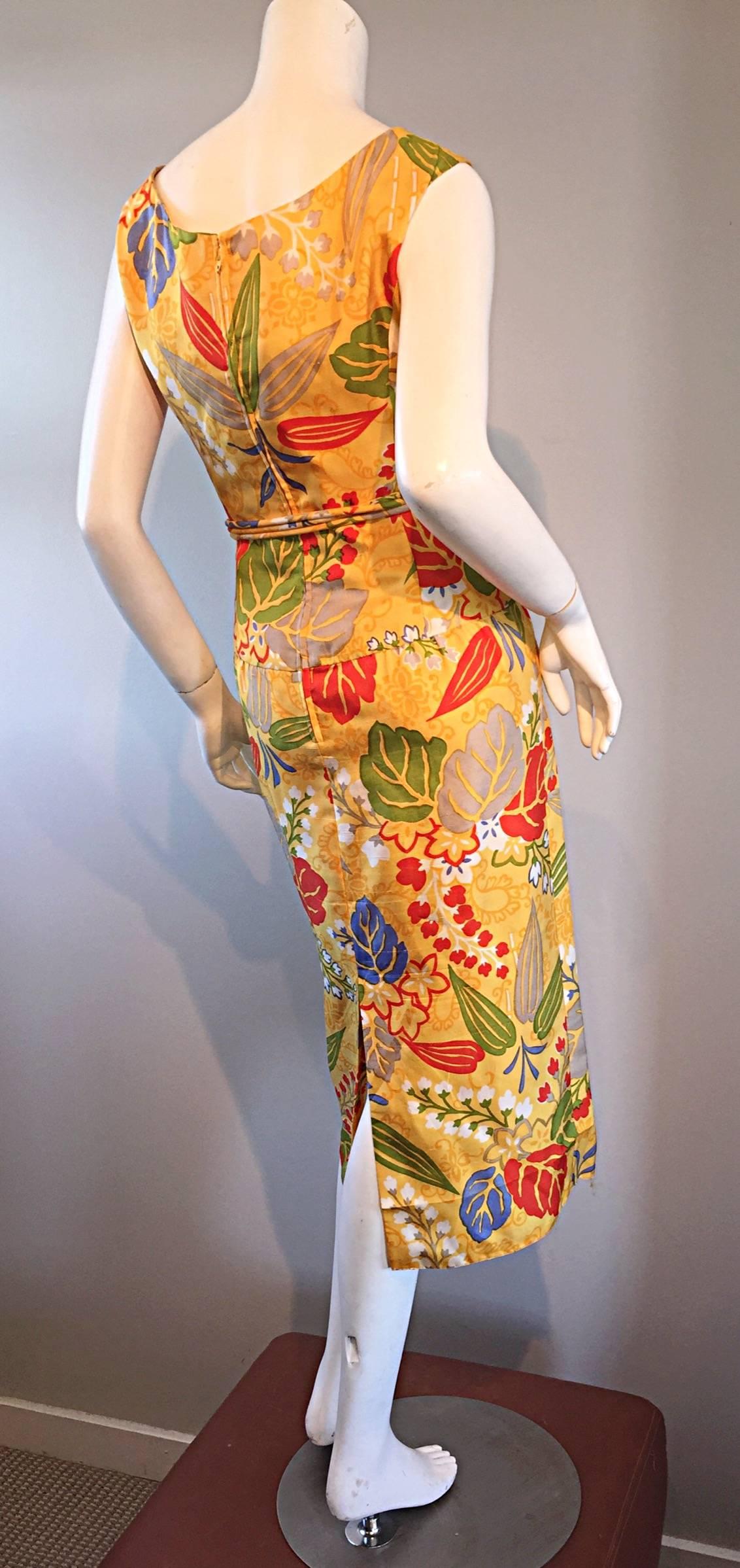 Women's 1950s Adele Simpson Vintage ' Leaves + Flowers ' Yellow Colorful Silk 50s Dress For Sale