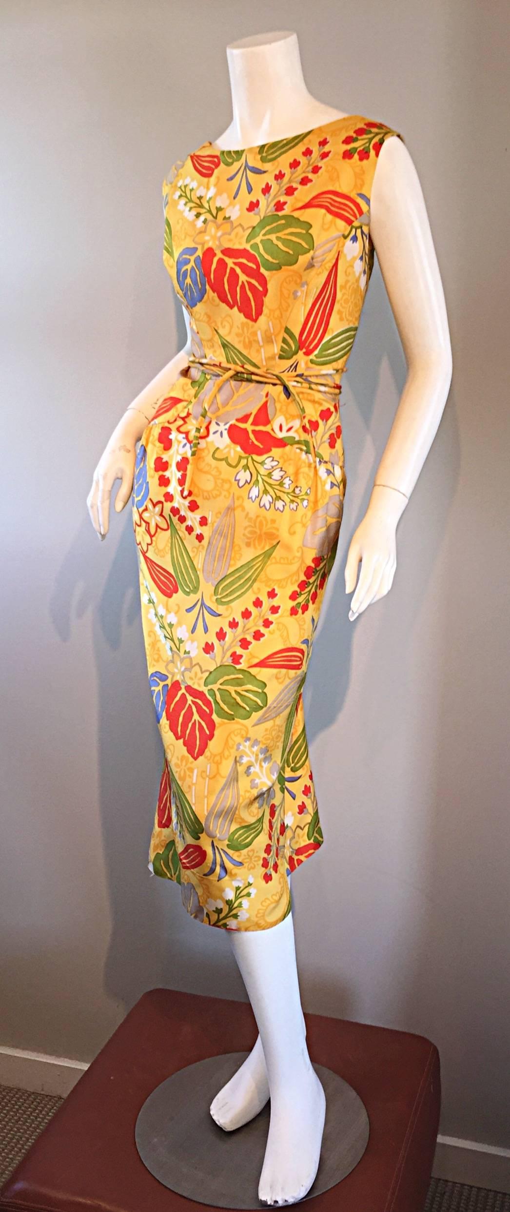 Brown 1950s Adele Simpson Vintage ' Leaves + Flowers ' Yellow Colorful Silk 50s Dress  For Sale