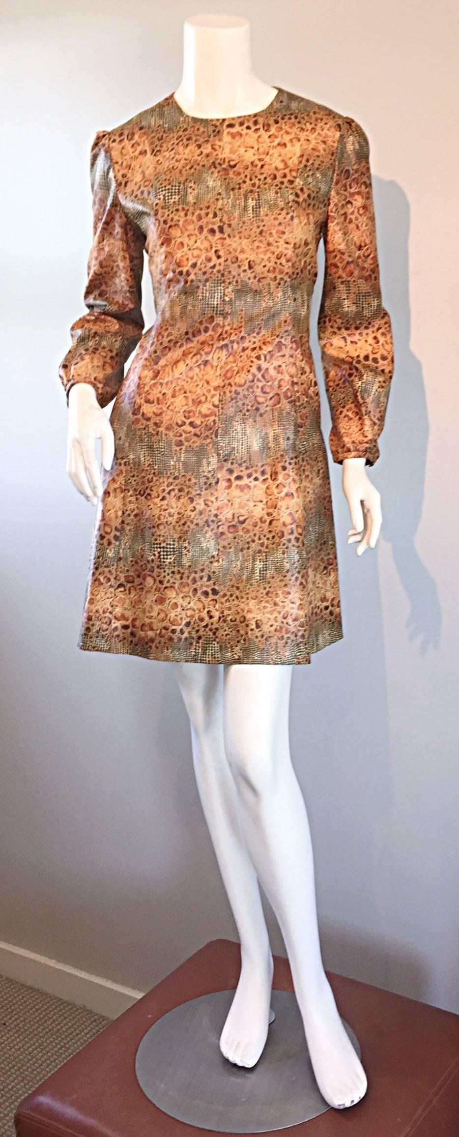 1960s Alligator + Snake Reptile Print Vintage A - Line 60s Brown Mod Dress For Sale 3