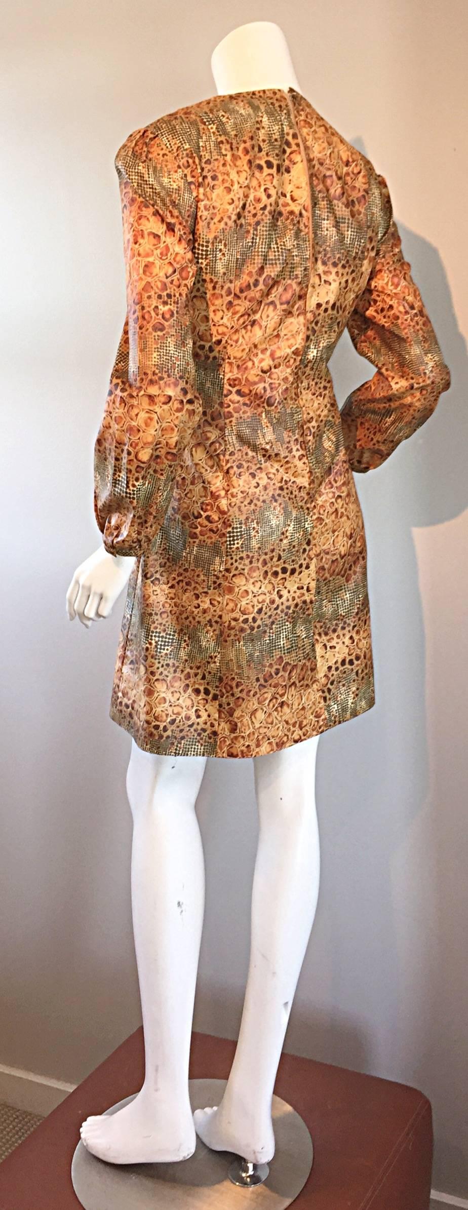 Women's 1960s Alligator + Snake Reptile Print Vintage A - Line 60s Brown Mod Dress For Sale