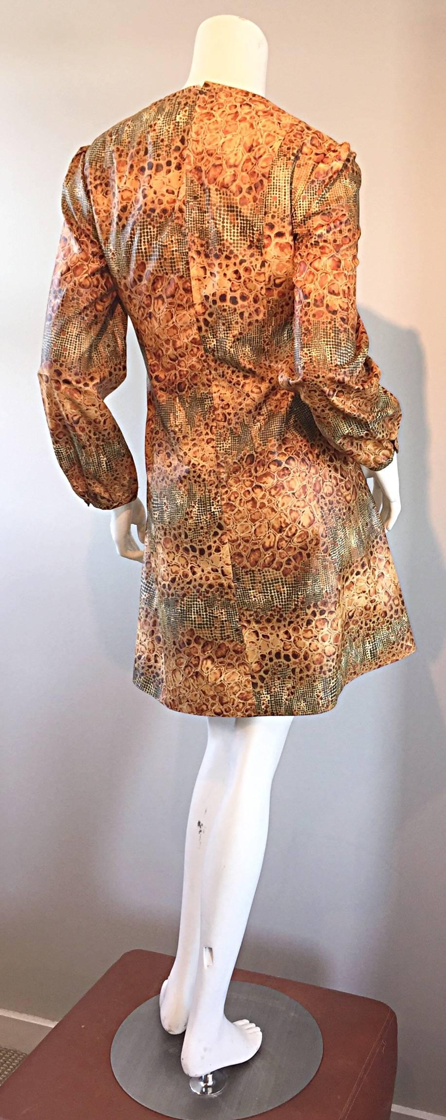 1960s Alligator + Snake Reptile Print Vintage A - Line 60s Brown Mod Dress For Sale 1