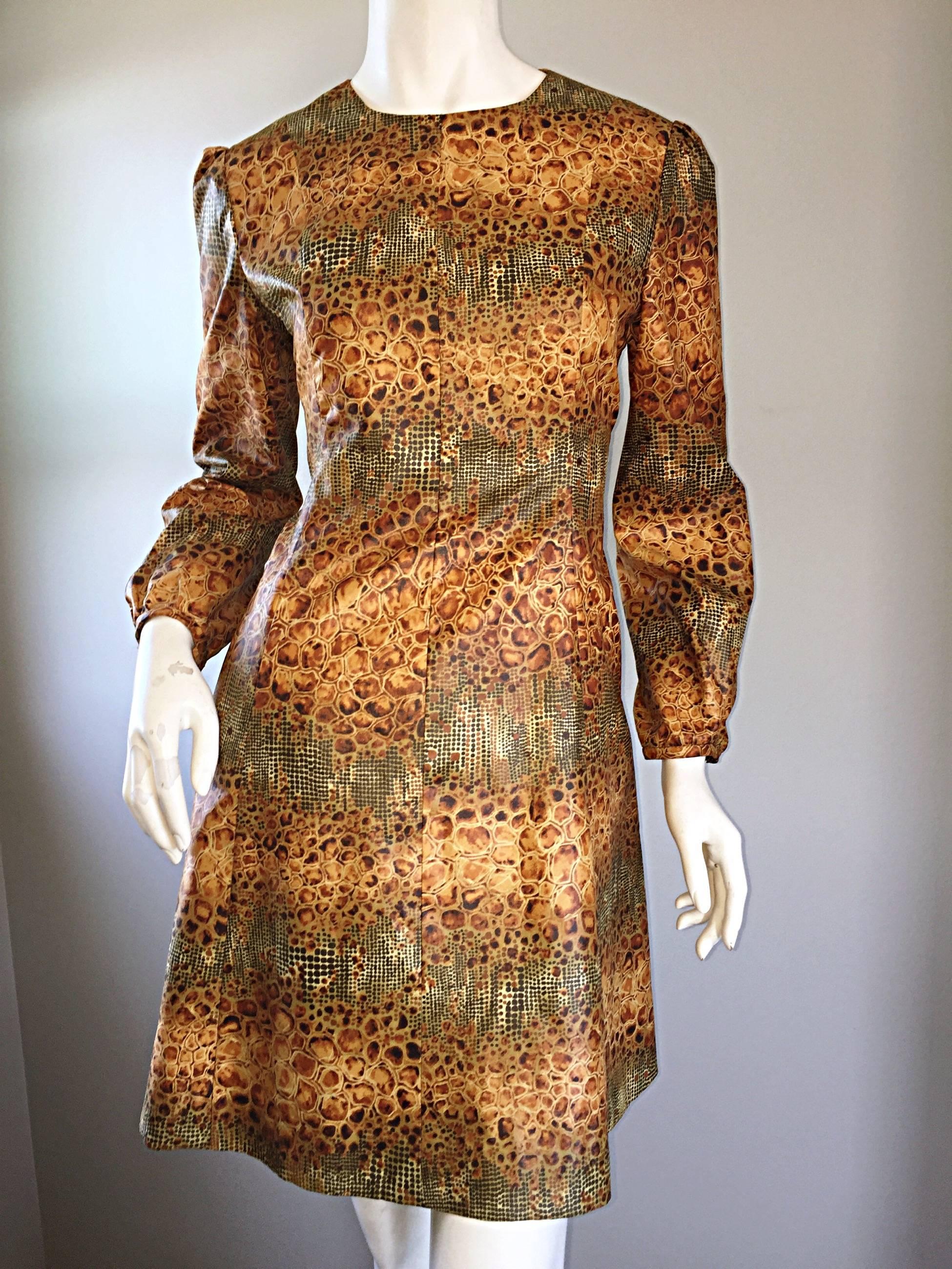1960s Alligator + Snake Reptile Print Vintage A - Line 60s Brown Mod Dress For Sale 2