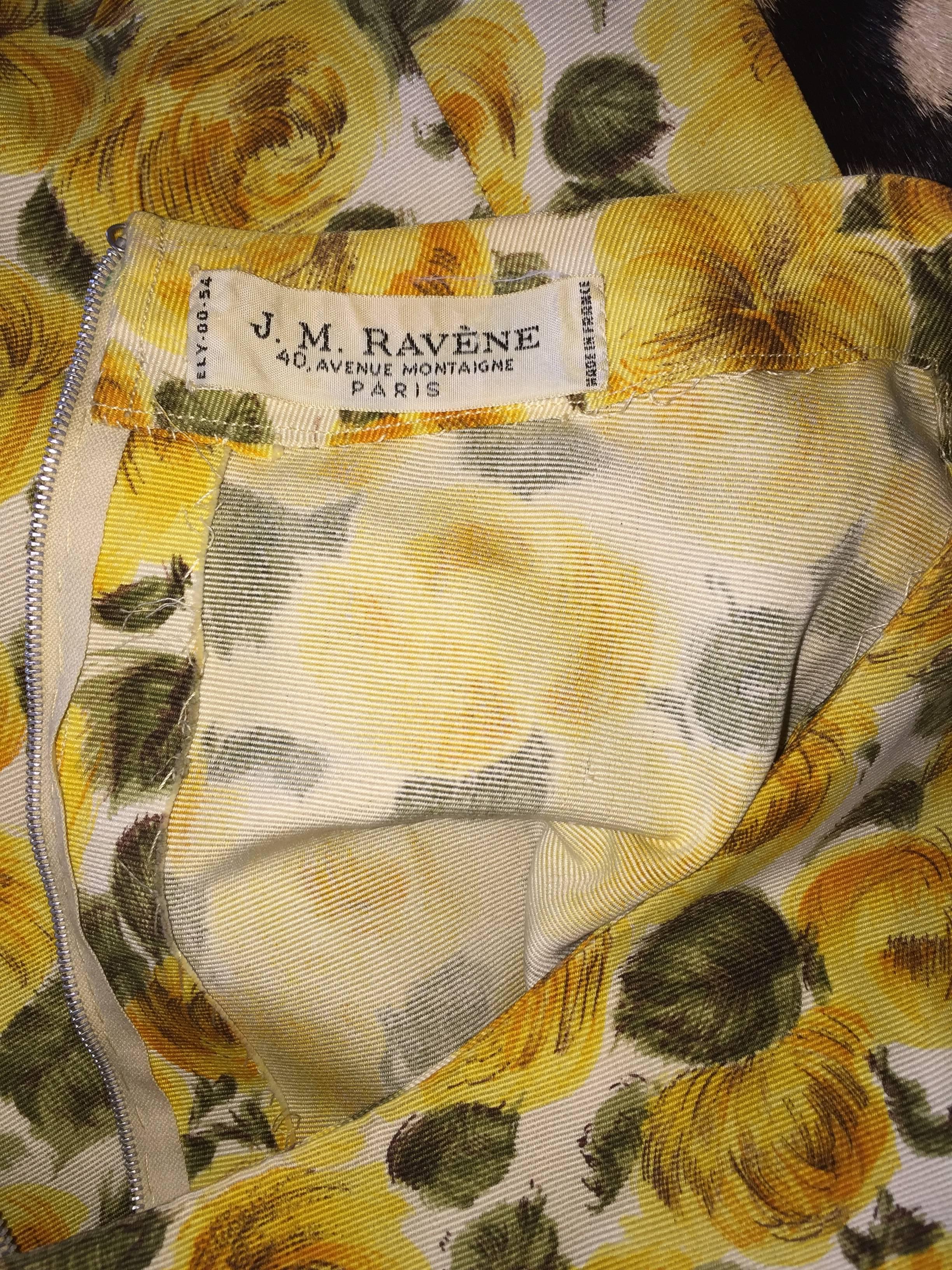 Rare 1950s J. M. Ravene of Paris Demi Couture Yellow Rose Print 50s Wiggle Dress 5