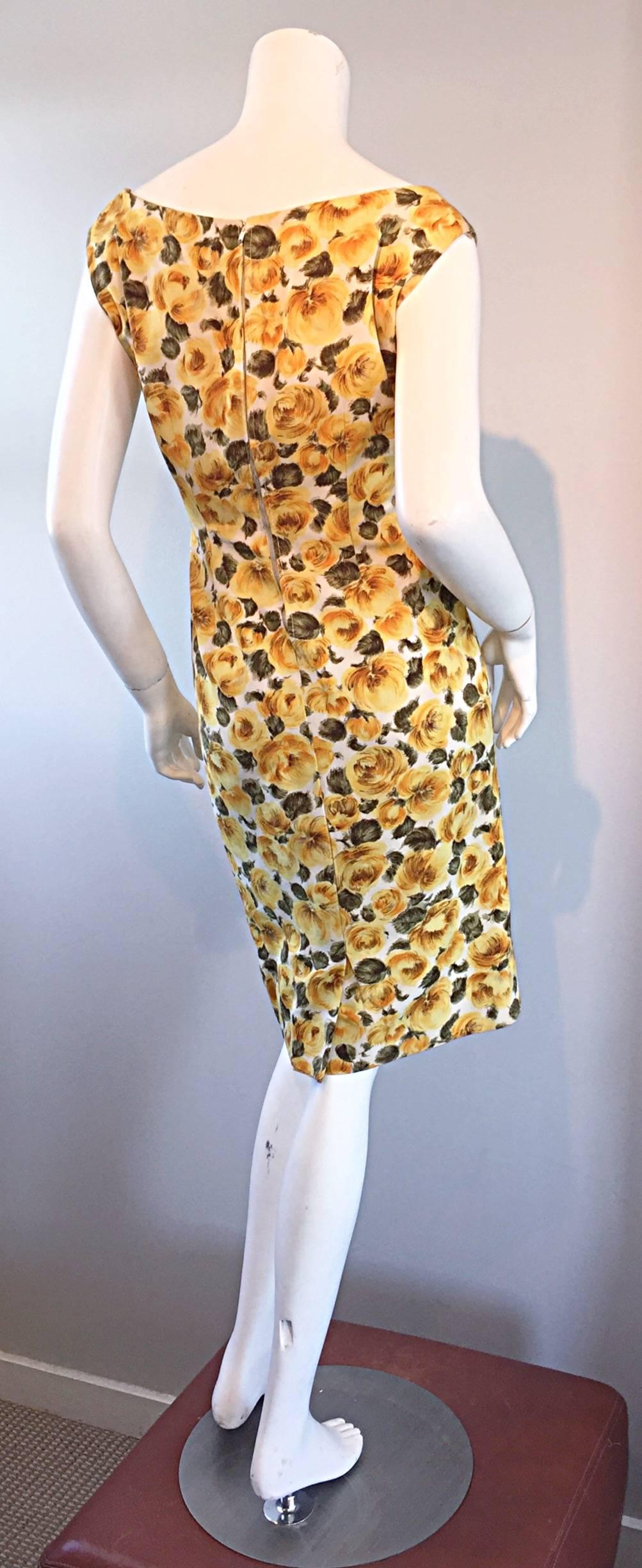 Rare 1950s J. M. Ravene of Paris Demi Couture Yellow Rose Print 50s Wiggle Dress 1