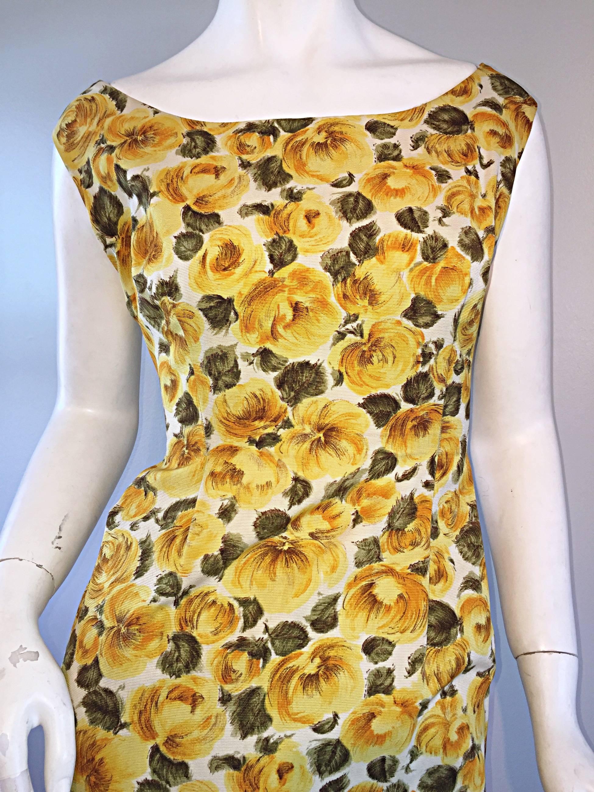 Brown Rare 1950s J. M. Ravene of Paris Demi Couture Yellow Rose Print 50s Wiggle Dress