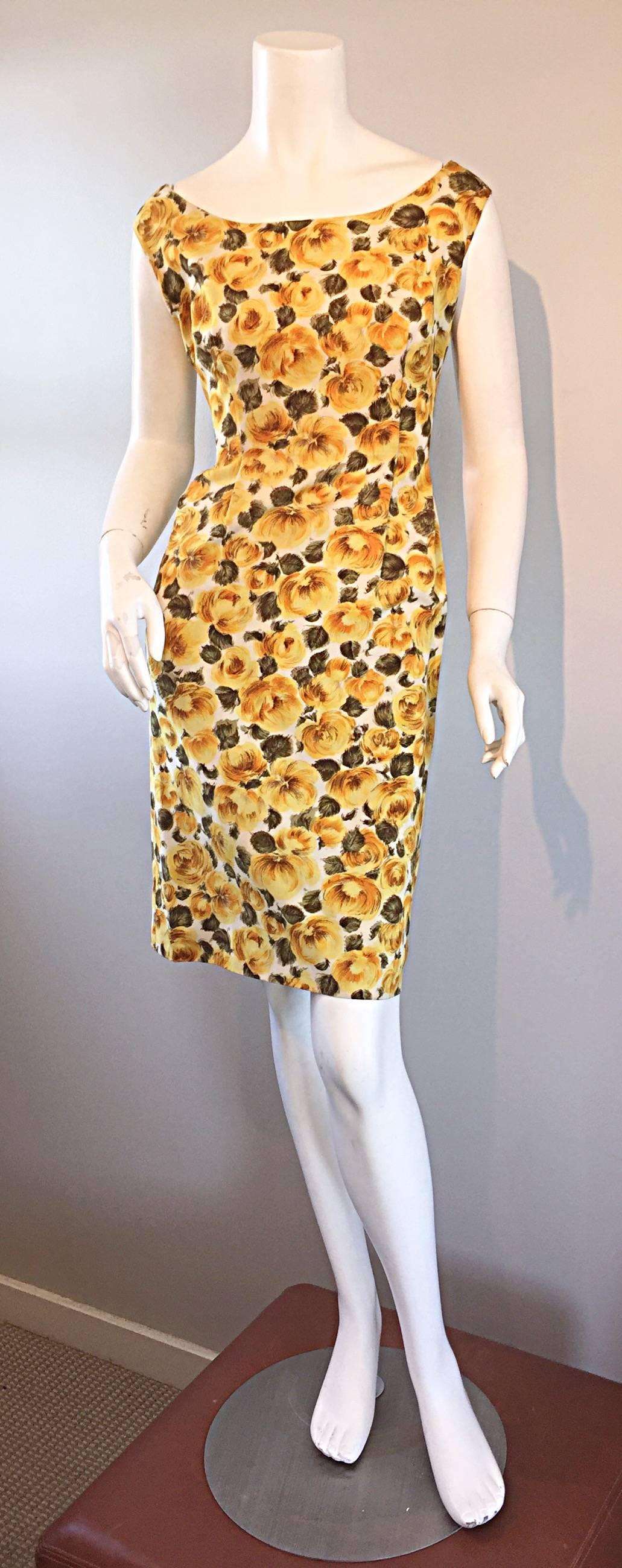 Rare 1950s J. M. Ravene of Paris Demi Couture Yellow Rose Print 50s Wiggle Dress 4