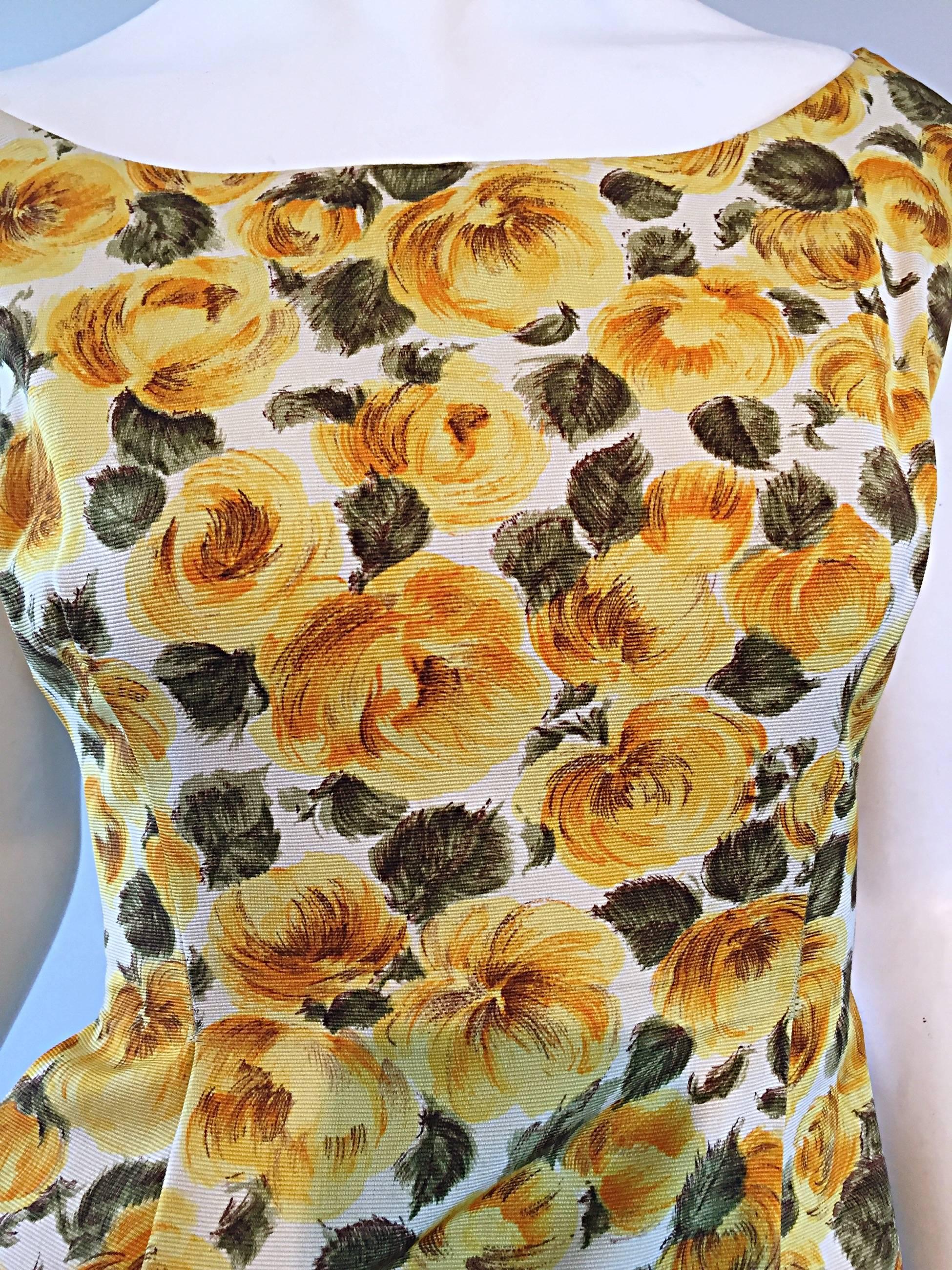Rare 1950s J. M. Ravene of Paris Demi Couture Yellow Rose Print 50s Wiggle Dress 3