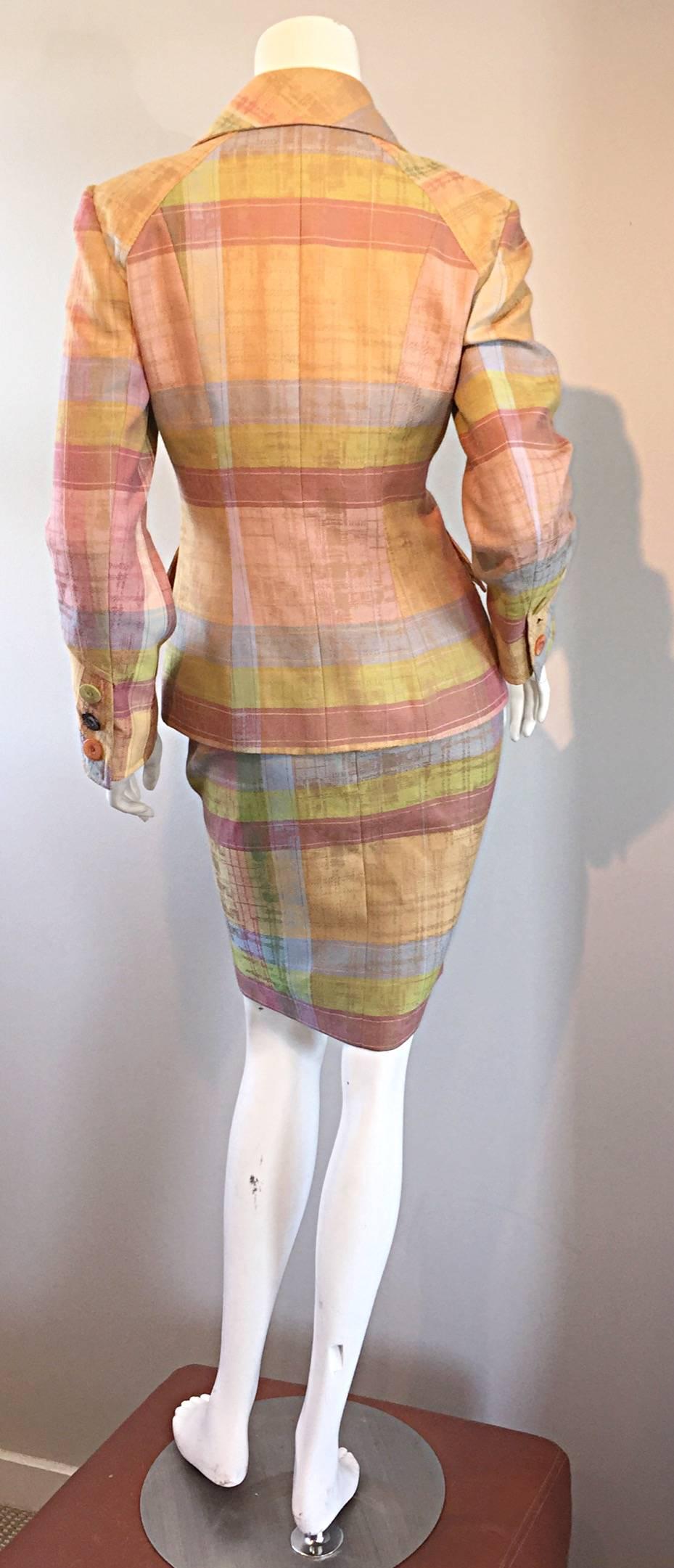 Brown Christian Lacroix 1990s 90s Asymmetrical Plaid Pastel Vintage Skirt Suit For Sale