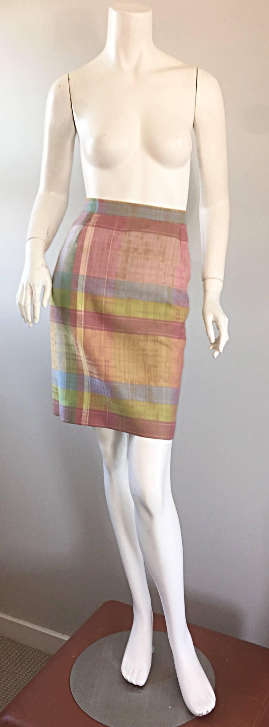 Christian Lacroix 1990s 90s Asymmetrical Plaid Pastel Vintage Skirt Suit In Excellent Condition For Sale In San Diego, CA