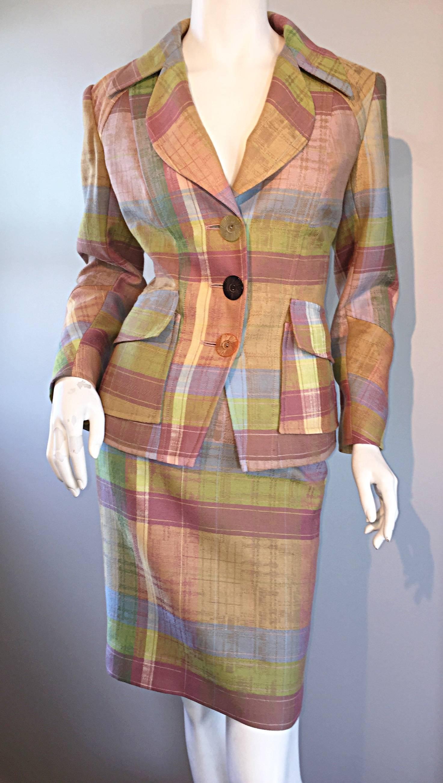 Christian Lacroix 1990s 90s Asymmetrical Plaid Pastel Vintage Skirt Suit For Sale 1