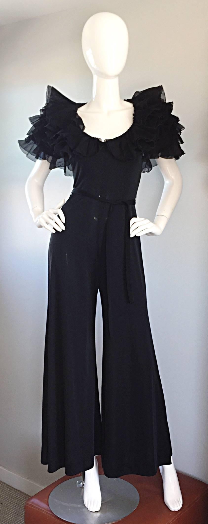 Exquisite Vintage Mignon Black Chiffon Sleeves Jersey Belted Wide Leg Jumpsuit 3