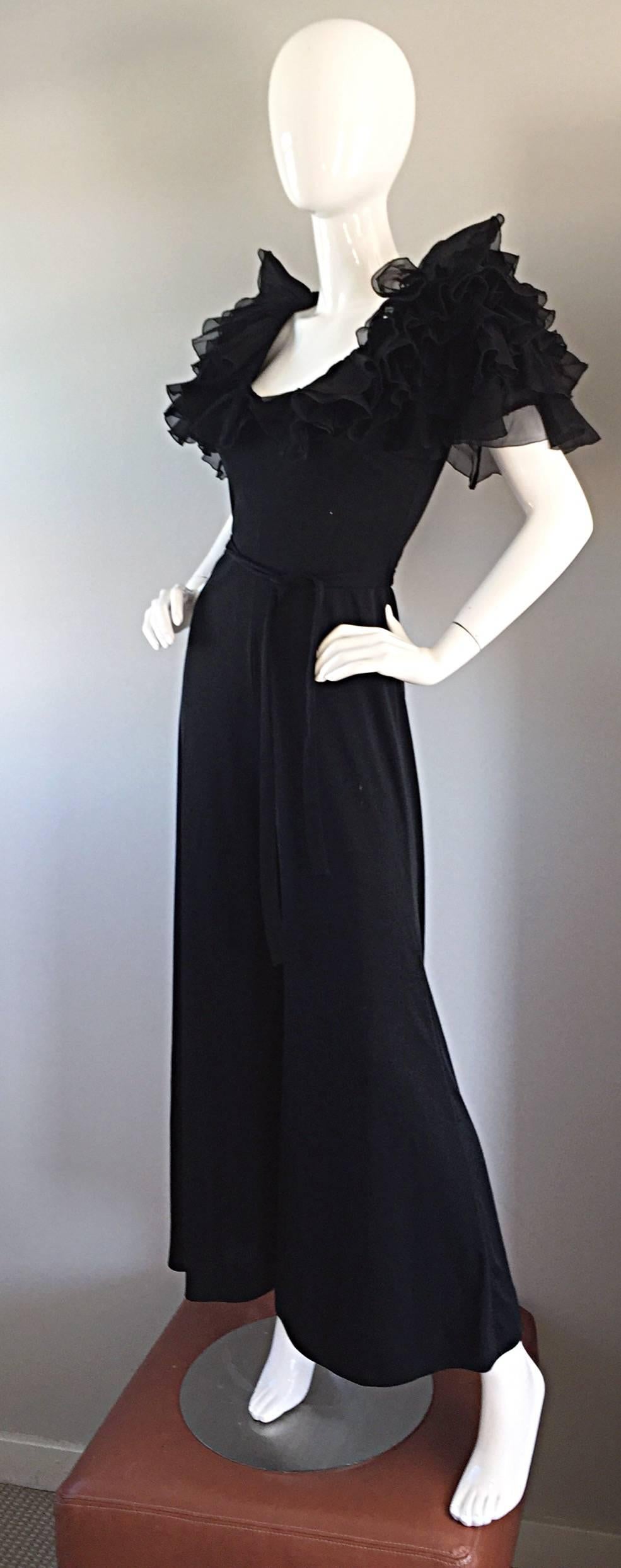 Exquisite Vintage Mignon Black Chiffon Sleeves Jersey Belted Wide Leg Jumpsuit 2