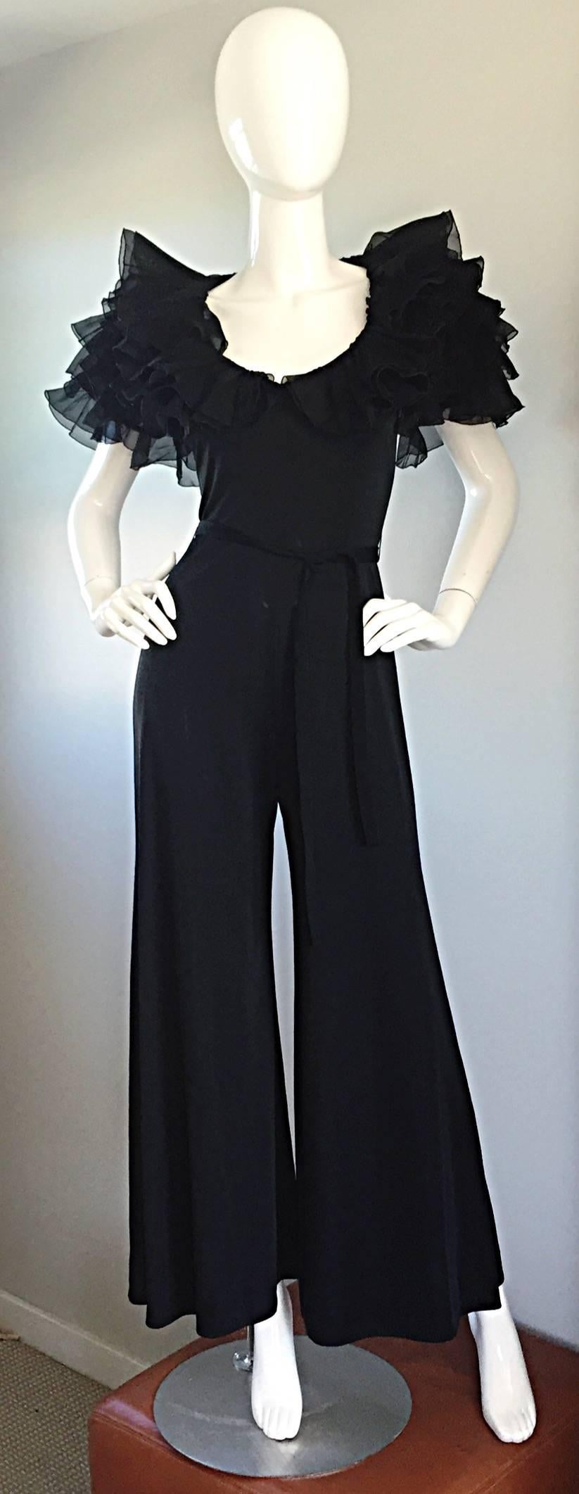 Exquisite Vintage Mignon Black Chiffon Sleeves Jersey Belted Wide Leg Jumpsuit In Excellent Condition In San Diego, CA