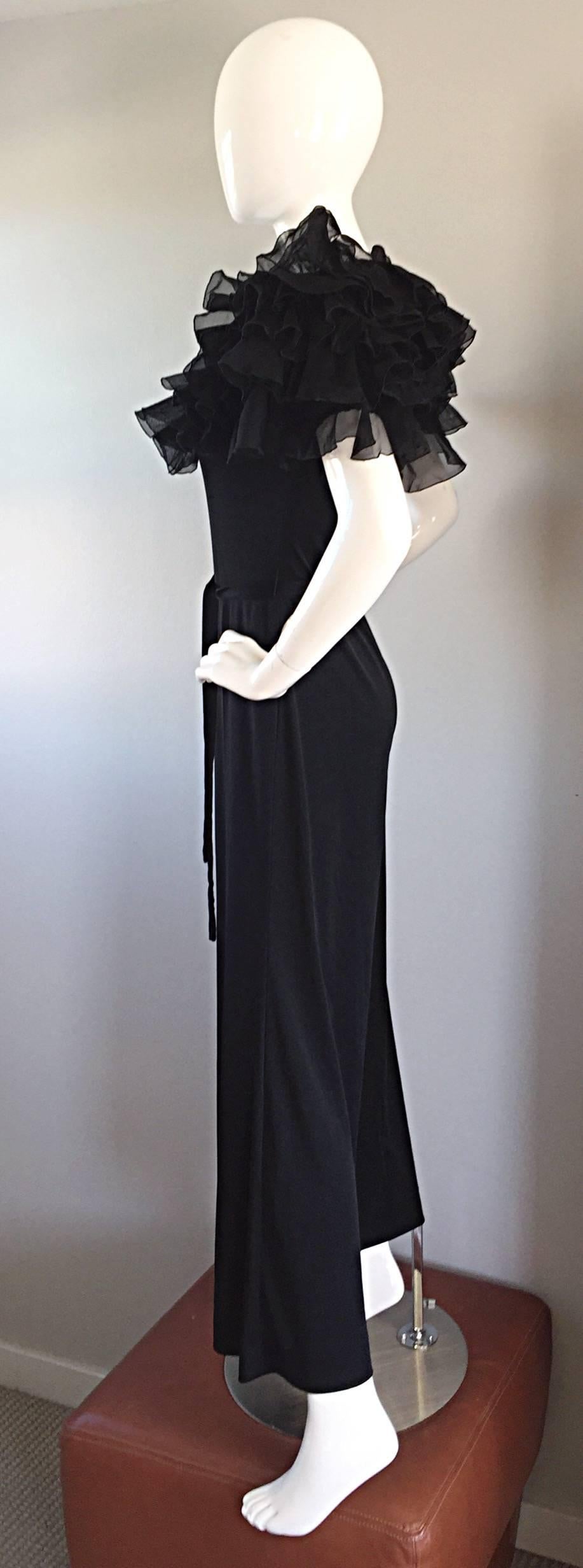 Exquisite Vintage Mignon Black Chiffon Sleeves Jersey Belted Wide Leg Jumpsuit 1