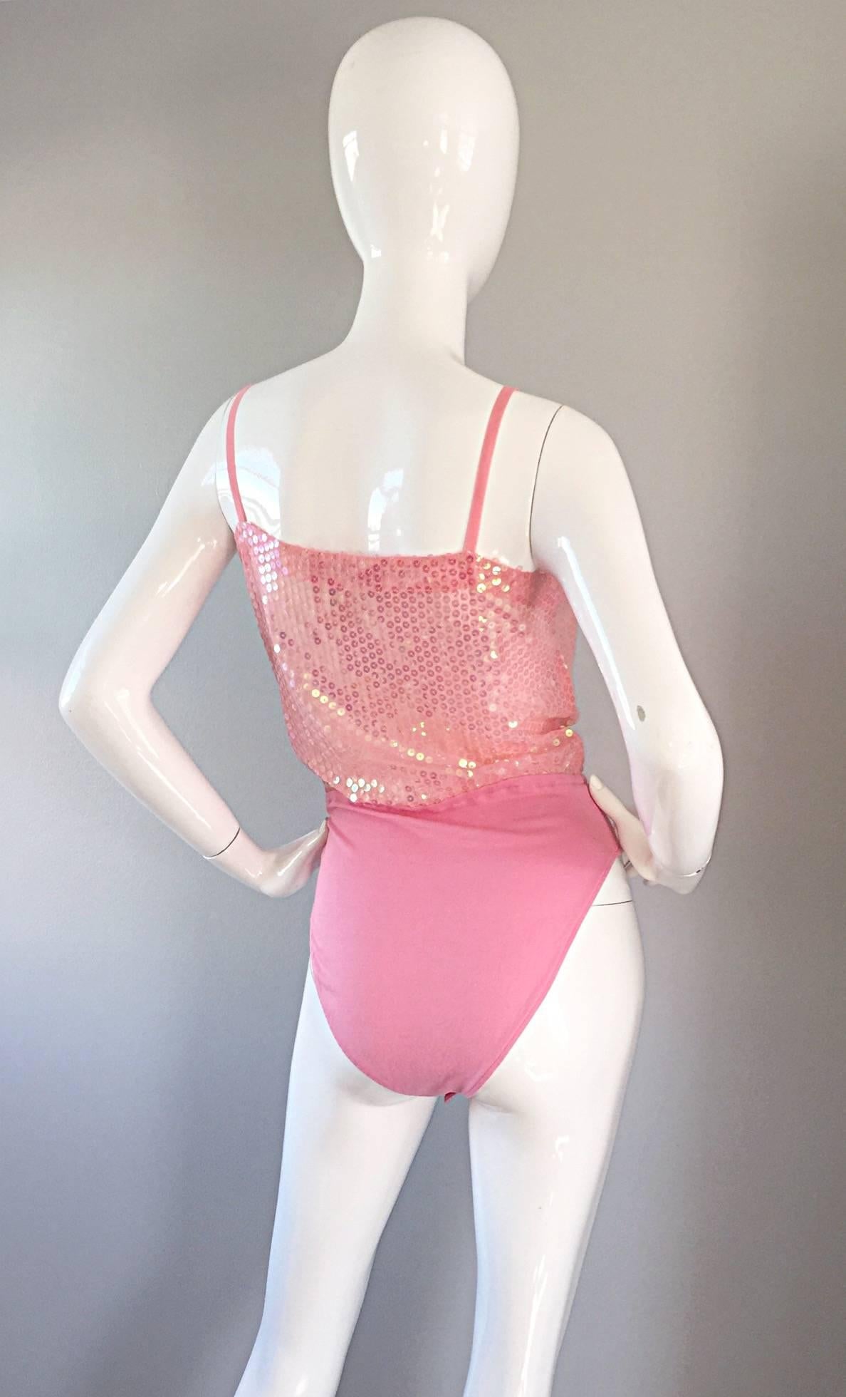 Vintage ESCADA by Margaretha Ley Pink Sequined Silk Bodysuit Leotard Onesie For Sale 1