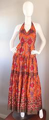 1970s Frank Usher of London Couture Boho Ethnic Tribal Print Halter Maxi Dress