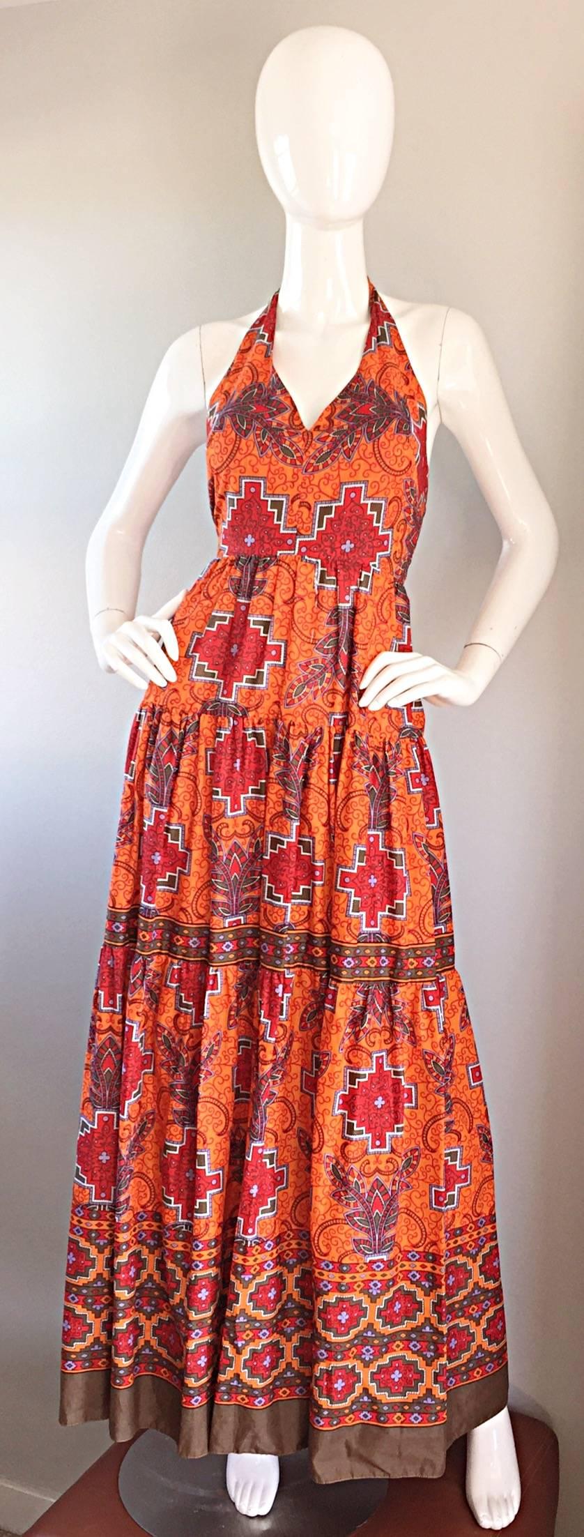 1970s Frank Usher of London Couture Boho Ethnic Tribal Print Halter Maxi Dress For Sale 1