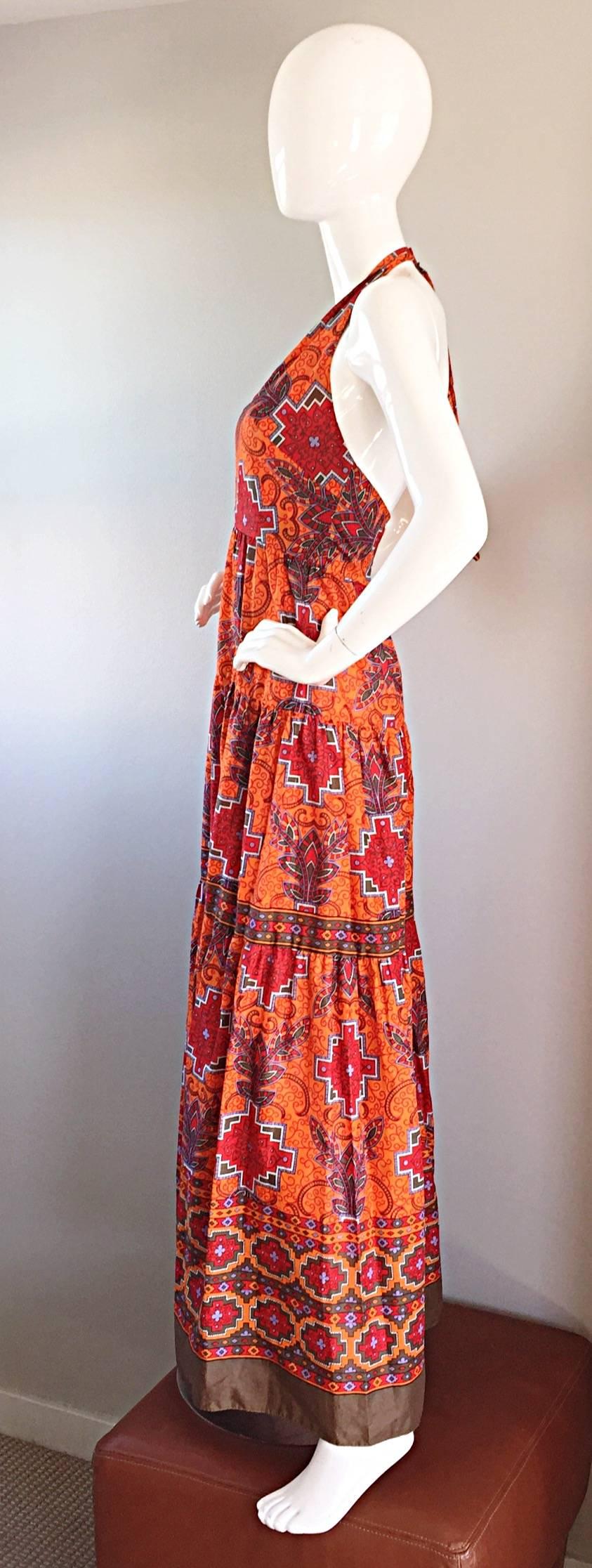 Women's 1970s Frank Usher of London Couture Boho Ethnic Tribal Print Halter Maxi Dress For Sale
