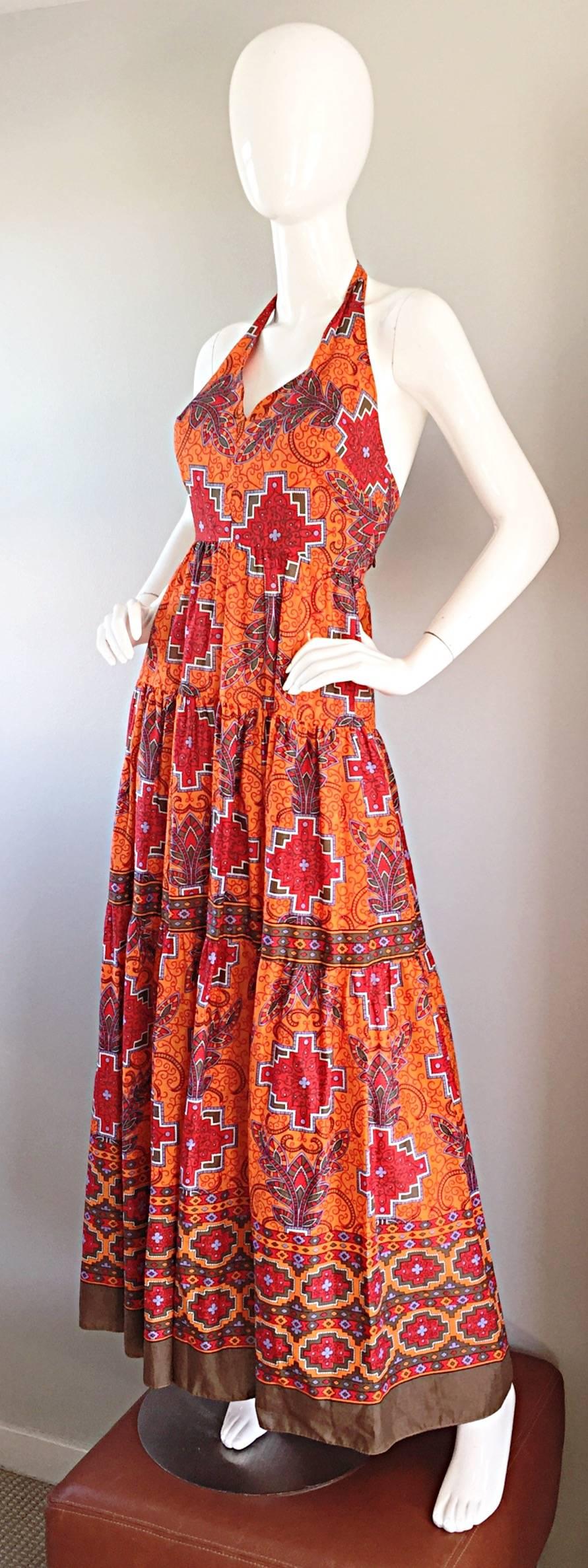 Maxi dress bohème à imprimé ethnique Frank Usher of London Couture (années 1970) Pour femmes en vente