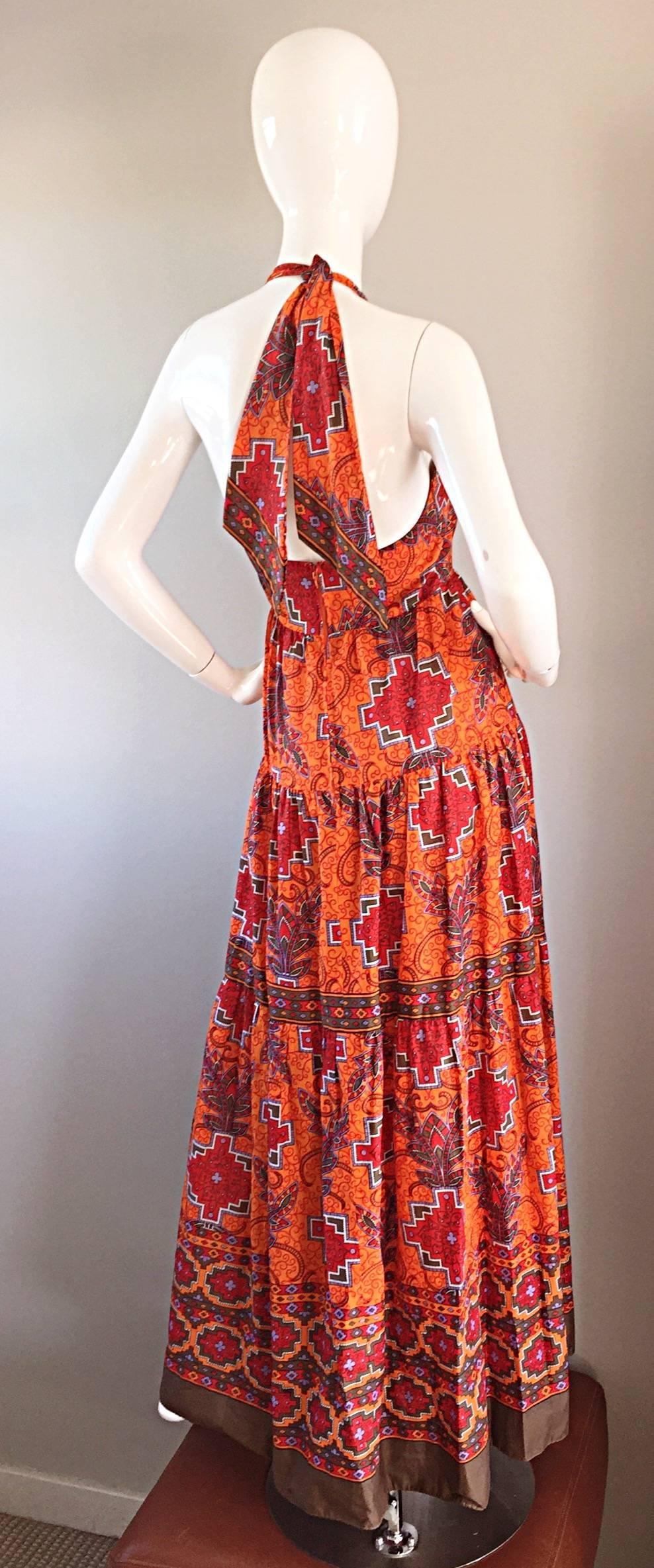 1970s Frank Usher of London Couture Boho Ethnic Tribal Print Halter Maxi Dress In Excellent Condition For Sale In San Diego, CA