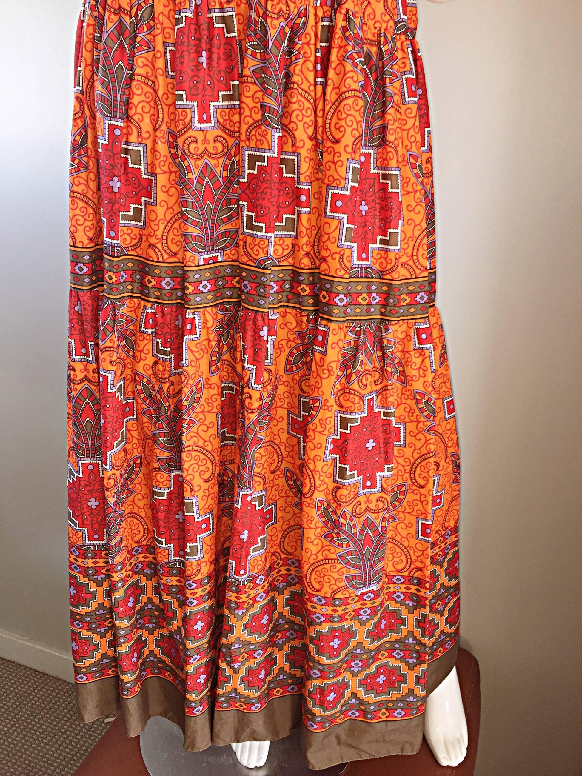 Brown 1970s Frank Usher of London Couture Boho Ethnic Tribal Print Halter Maxi Dress For Sale