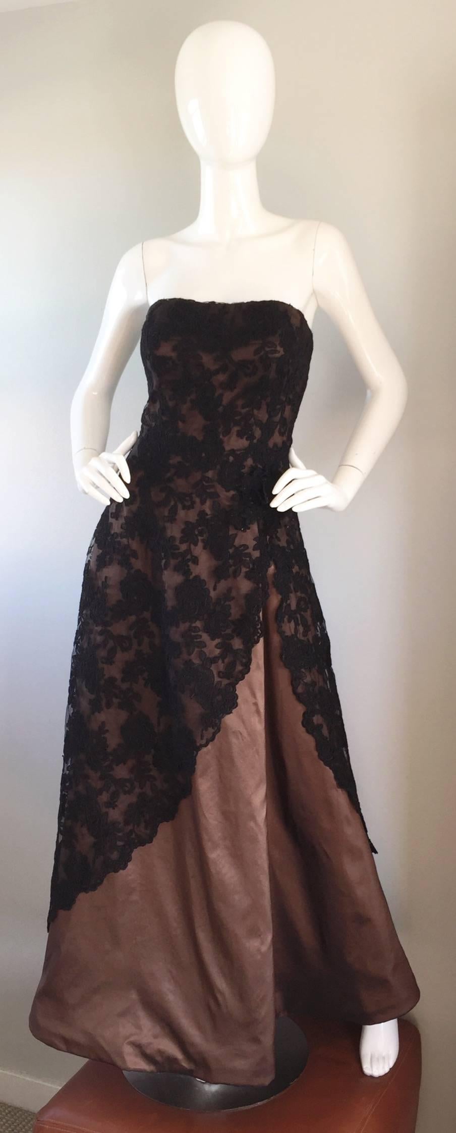 Insanely gorgeous vintage ROSE TAFT black and brown 1950s 50s style couture strapless gown! Features a full brown silk satin gown, with an attached black silk French lace overlay. Black lace appliqué at side waist, encrusted with seed beads. Hidden