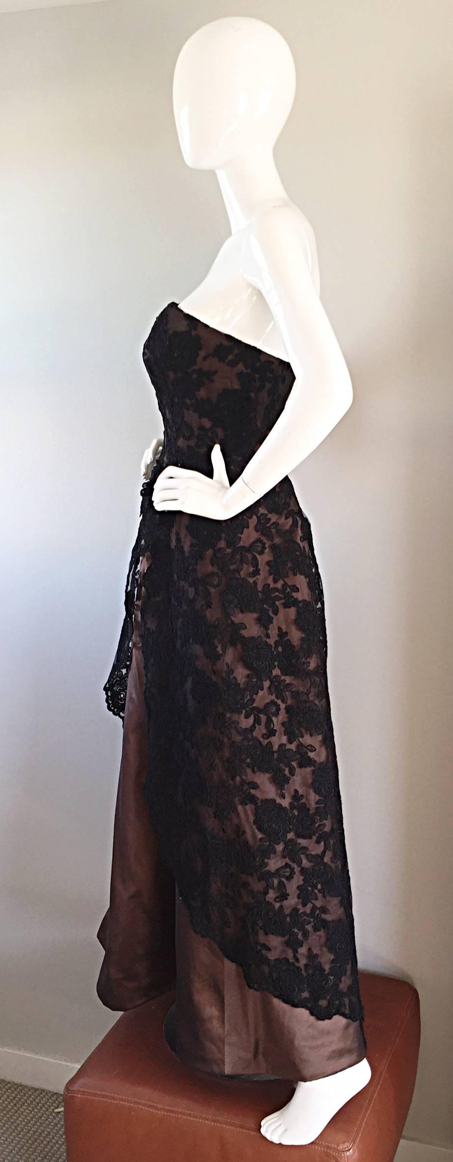 Incredible Vintage Rose Taft 1950s Style Black + Brown Lace + Silk Taffeta Gown In Excellent Condition For Sale In San Diego, CA
