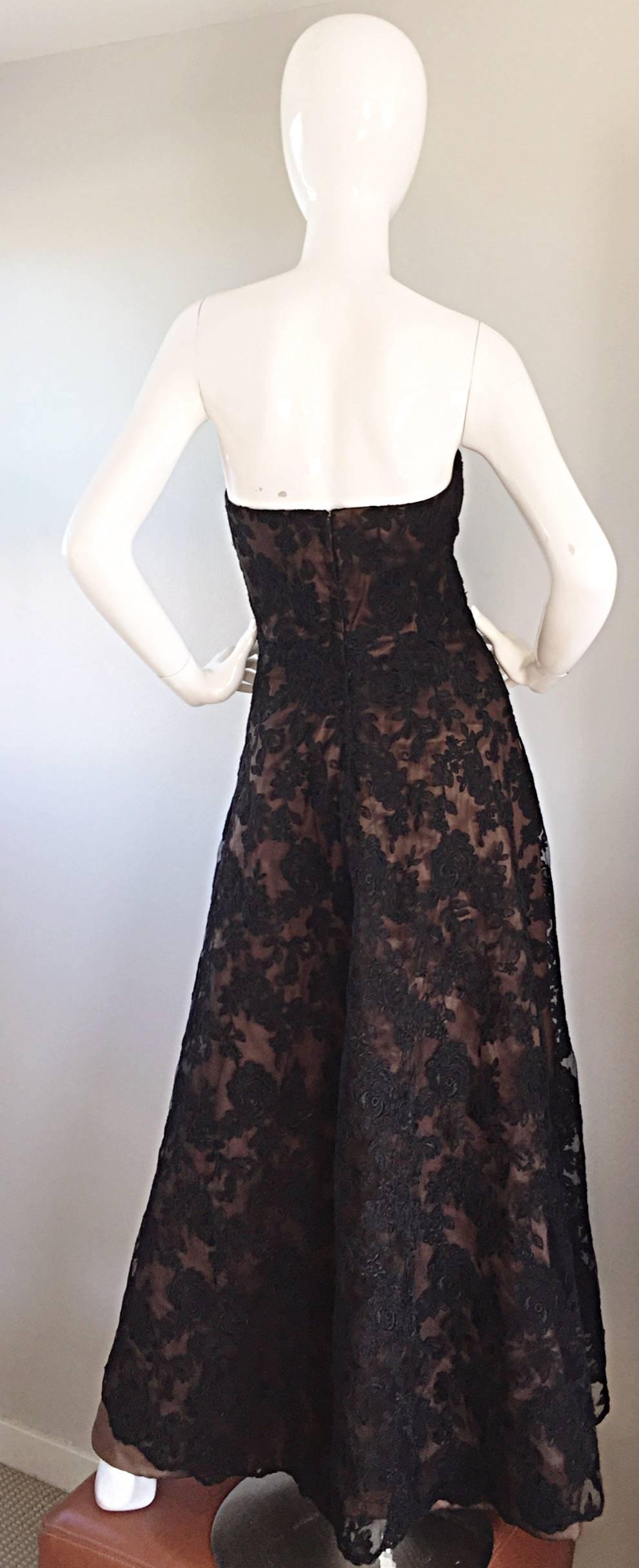 Incredible Vintage Rose Taft 1950s Style Black + Brown Lace + Silk Taffeta Gown For Sale 1
