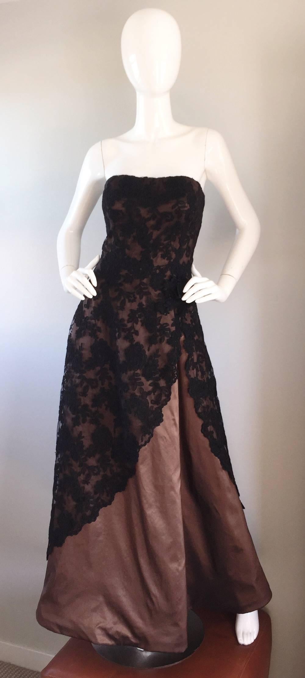 Incredible Vintage Rose Taft 1950s Style Black + Brown Lace + Silk Taffeta Gown For Sale 2
