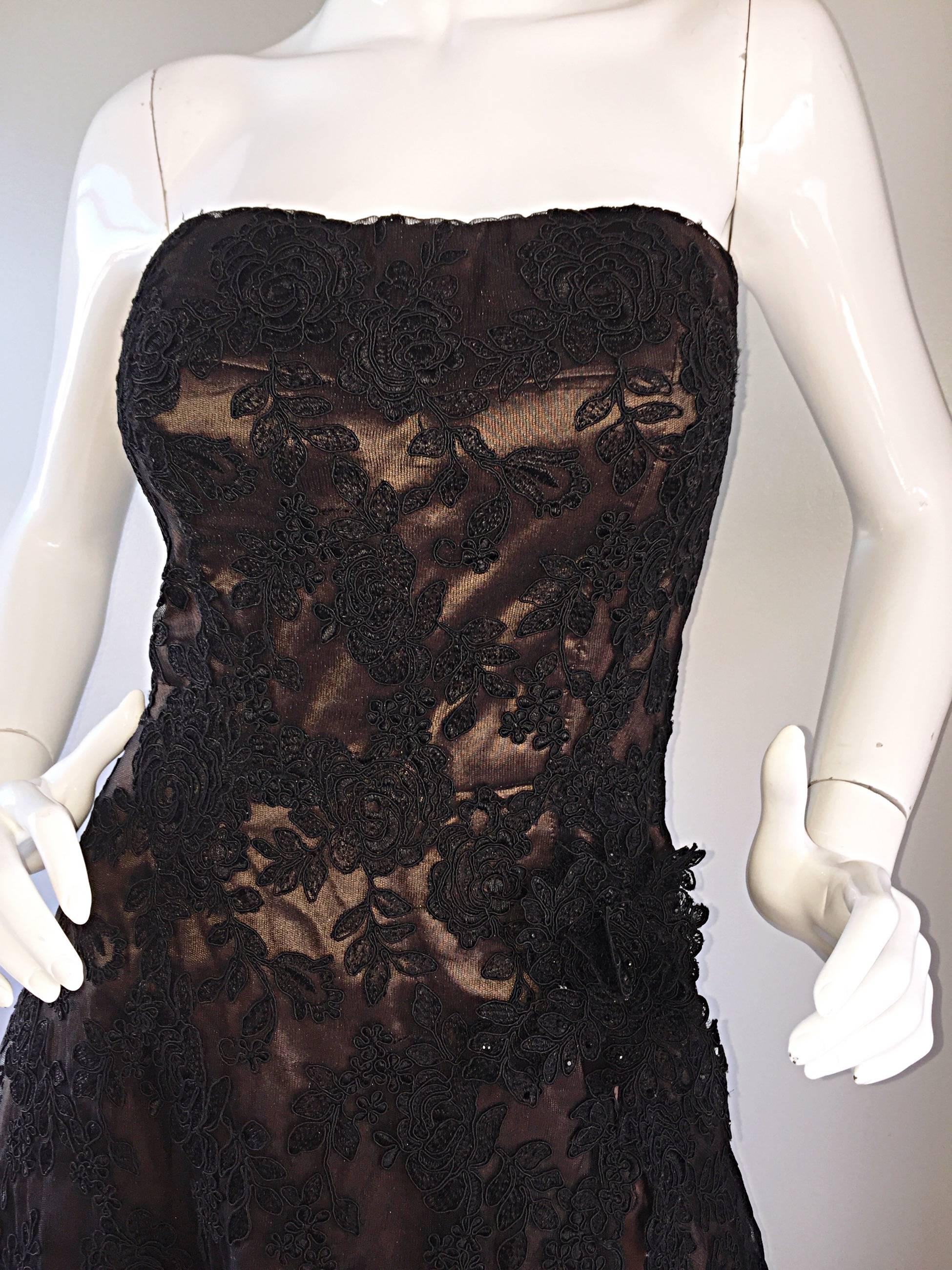 Incredible Vintage Rose Taft 1950s Style Black + Brown Lace + Silk Taffeta Gown For Sale 4