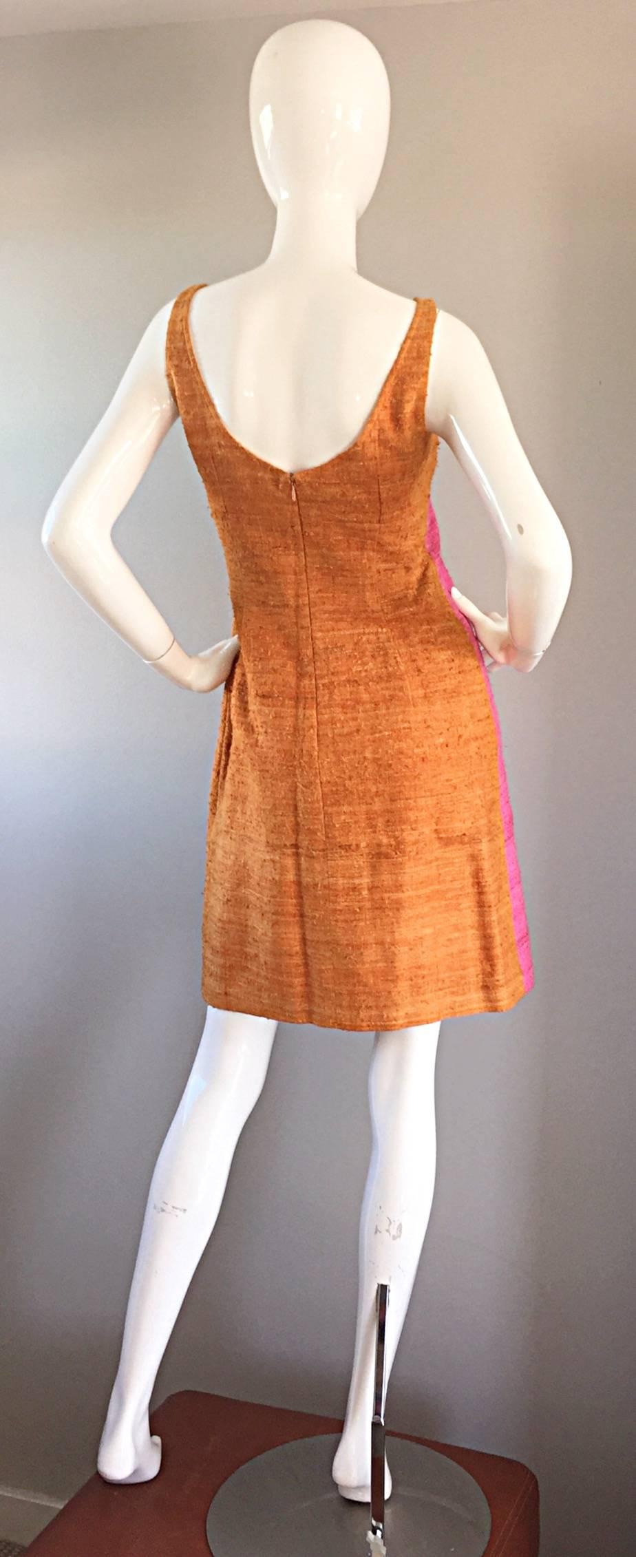 Women's 1960s 60s Pink + Burnt Orange Color Block Silk Linen Vintage A - Line Dress