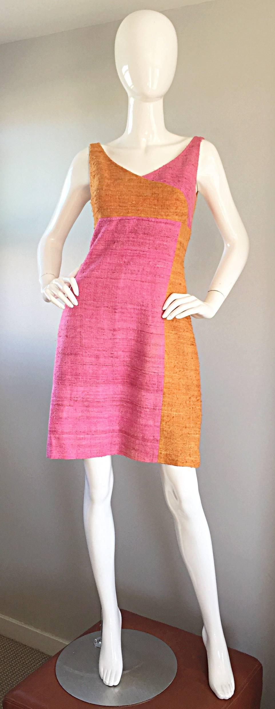 1960s 60s Pink + Burnt Orange Color Block Silk Linen Vintage A - Line Dress 4