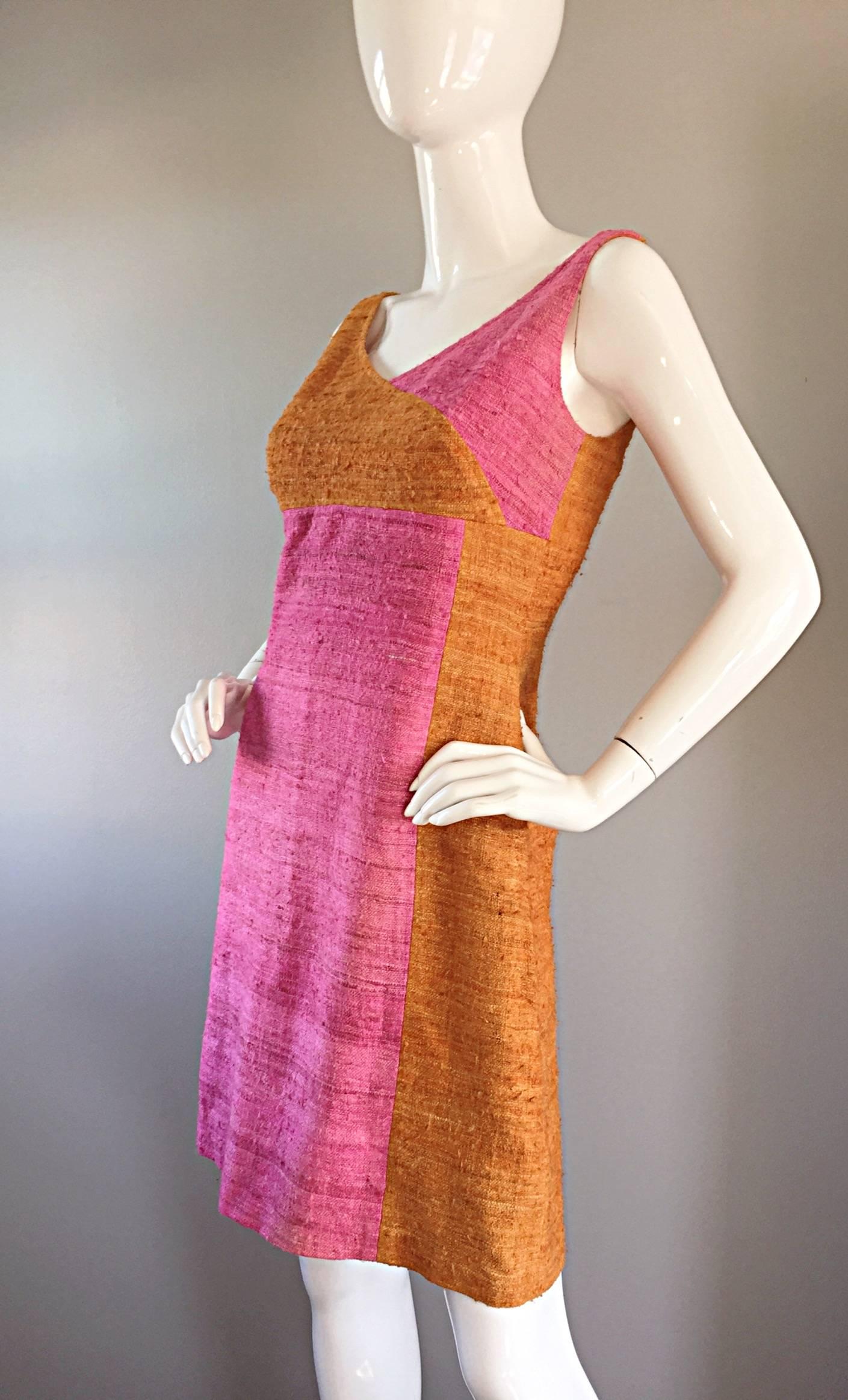 1960s 60s Pink + Burnt Orange Color Block Silk Linen Vintage A - Line Dress In Excellent Condition In San Diego, CA