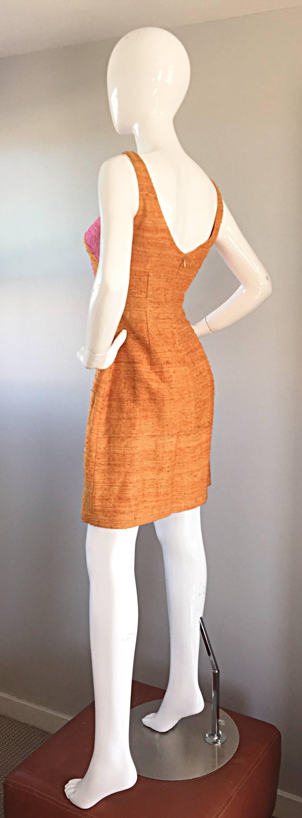 1960s 60s Pink + Burnt Orange Color Block Silk Linen Vintage A - Line Dress 3
