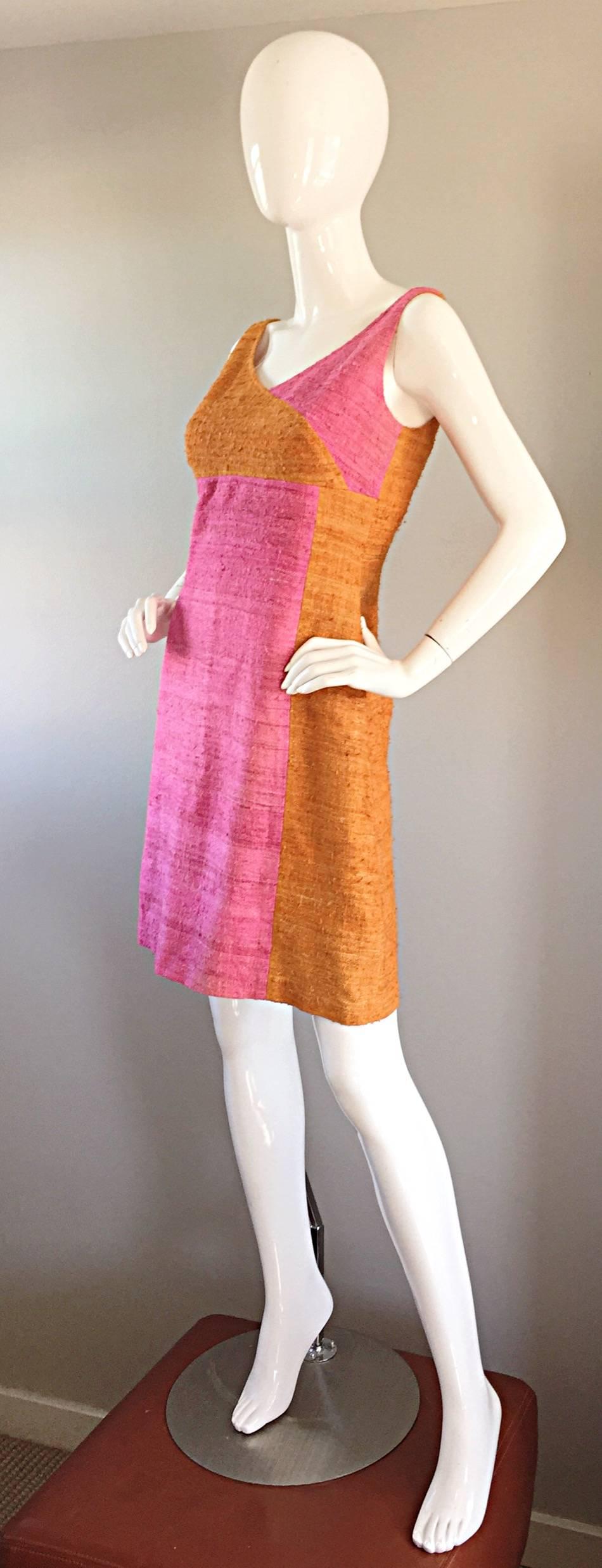 1960s 60s Pink + Burnt Orange Color Block Silk Linen Vintage A - Line Dress 2