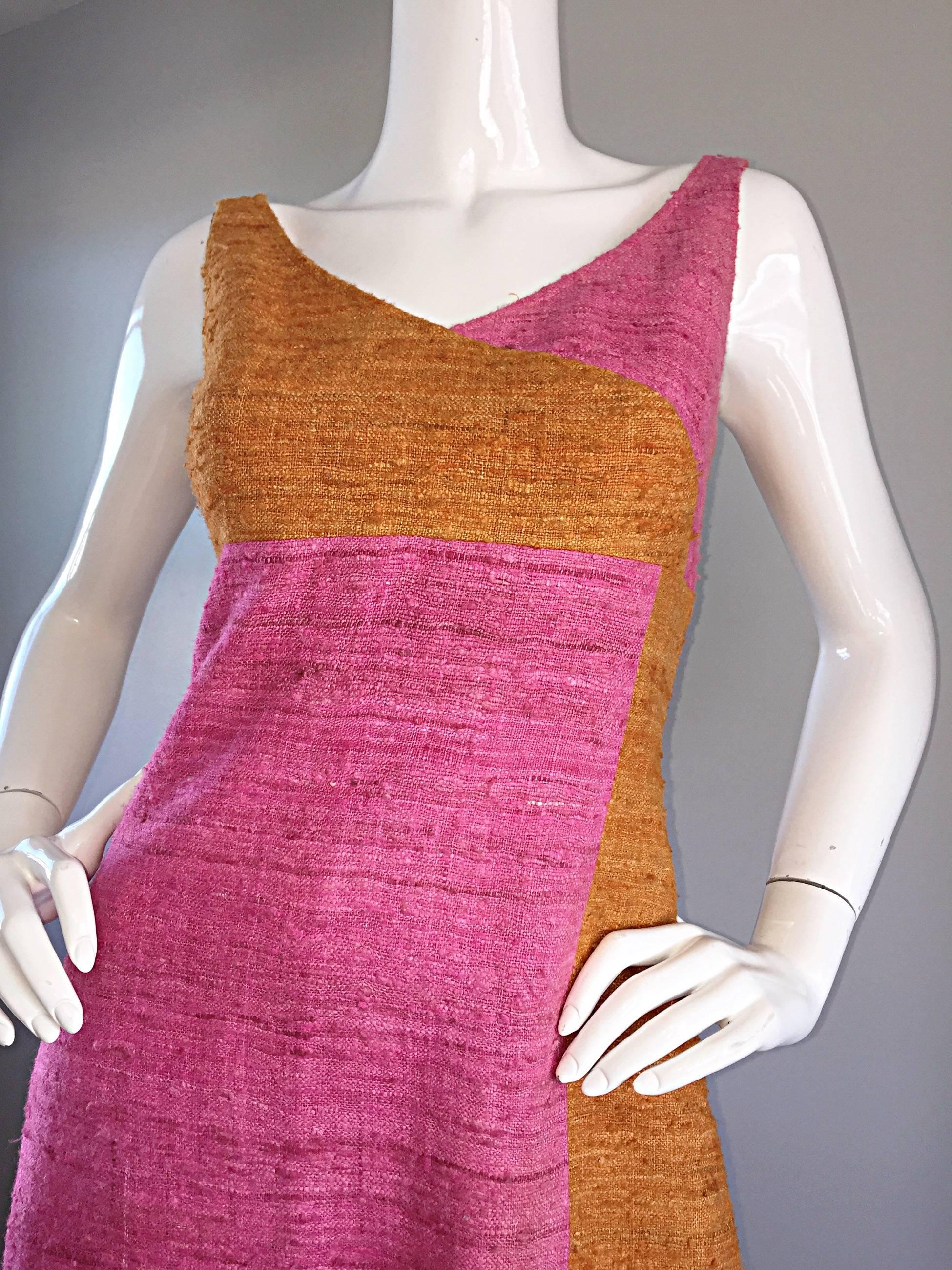 1960s 60s Pink + Burnt Orange Color Block Silk Linen Vintage A - Line Dress 1