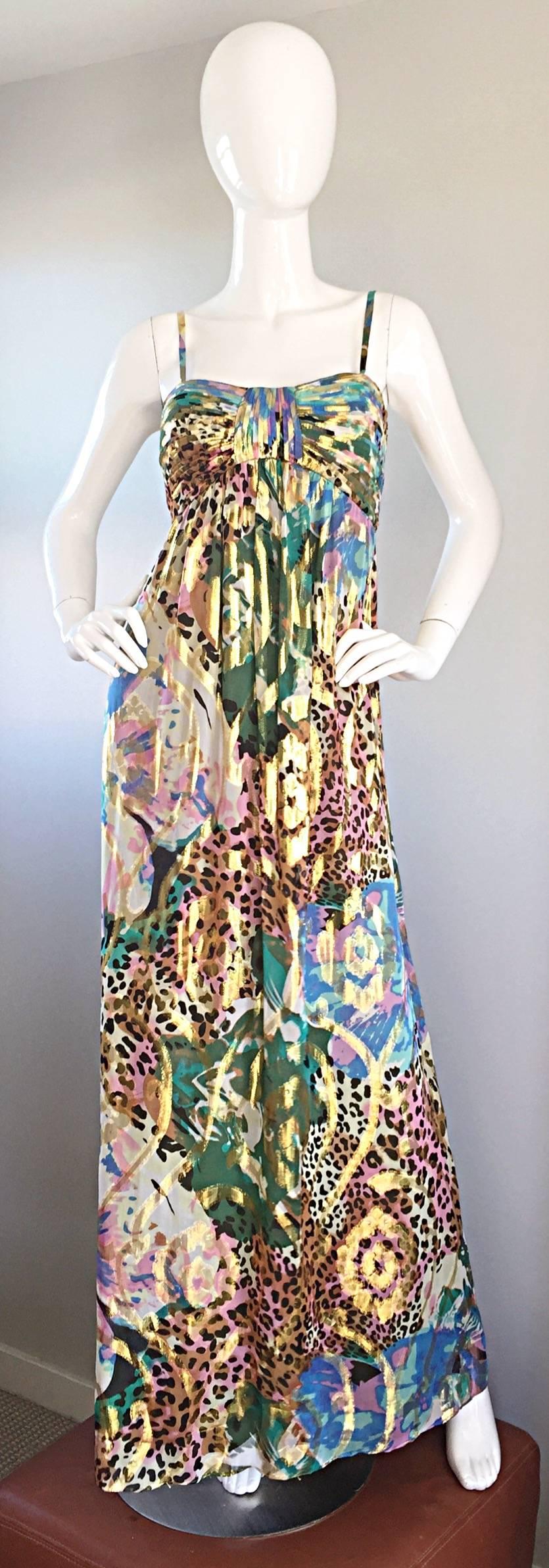 Fantastic vintage OLEG CASSINI (brand new with original tags) silk empire gown! Fabulous abstract floral print, mixed with pink and brown leopard prints throughout. Flattering empire fit, with a Grecian feel. Rushed bust, with straps that can adjust