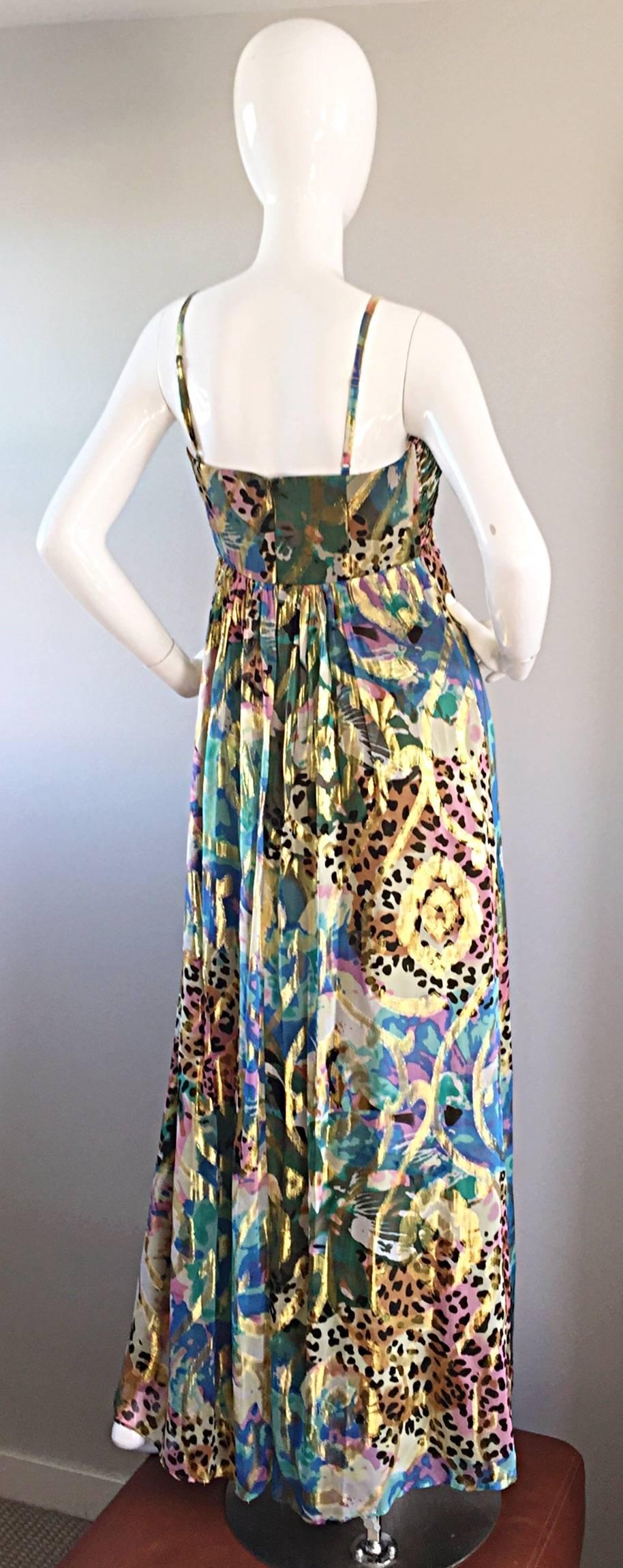 Vintage Oleg Cassini Multi Print Leopard Metallic Floral Abstract Empire Dress In New Condition In San Diego, CA