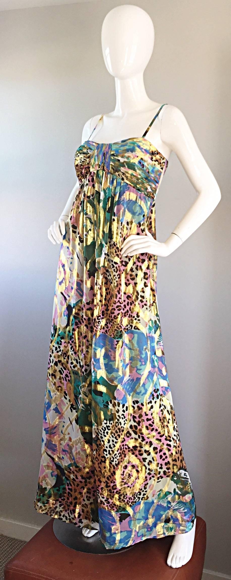 Vintage Oleg Cassini Multi Print Leopard Metallic Floral Abstract Empire Dress 1