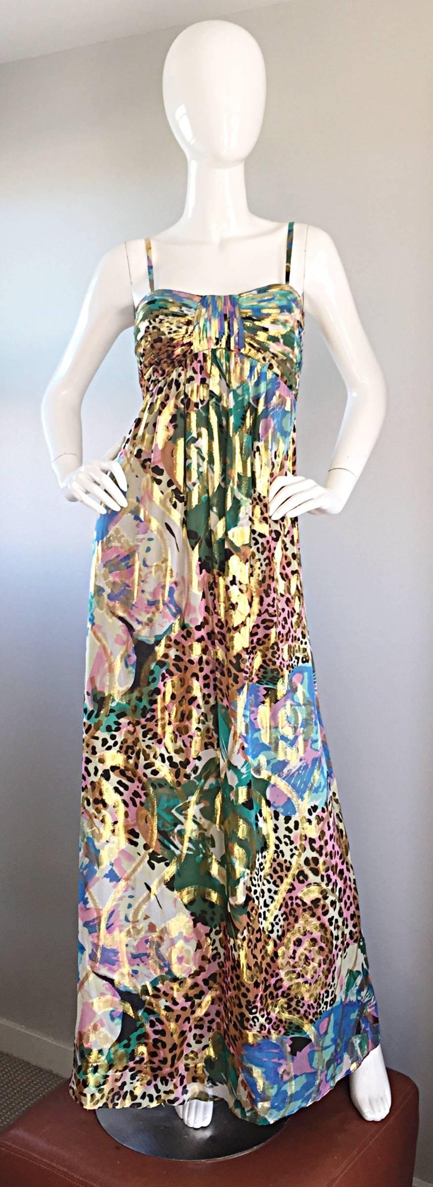 Vintage Oleg Cassini Multi Print Leopard Metallic Floral Abstract Empire Dress 2