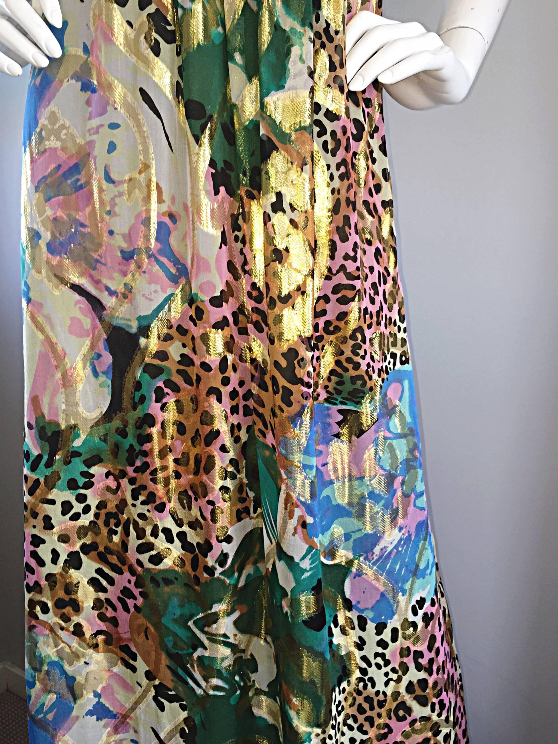 Brown Vintage Oleg Cassini Multi Print Leopard Metallic Floral Abstract Empire Dress