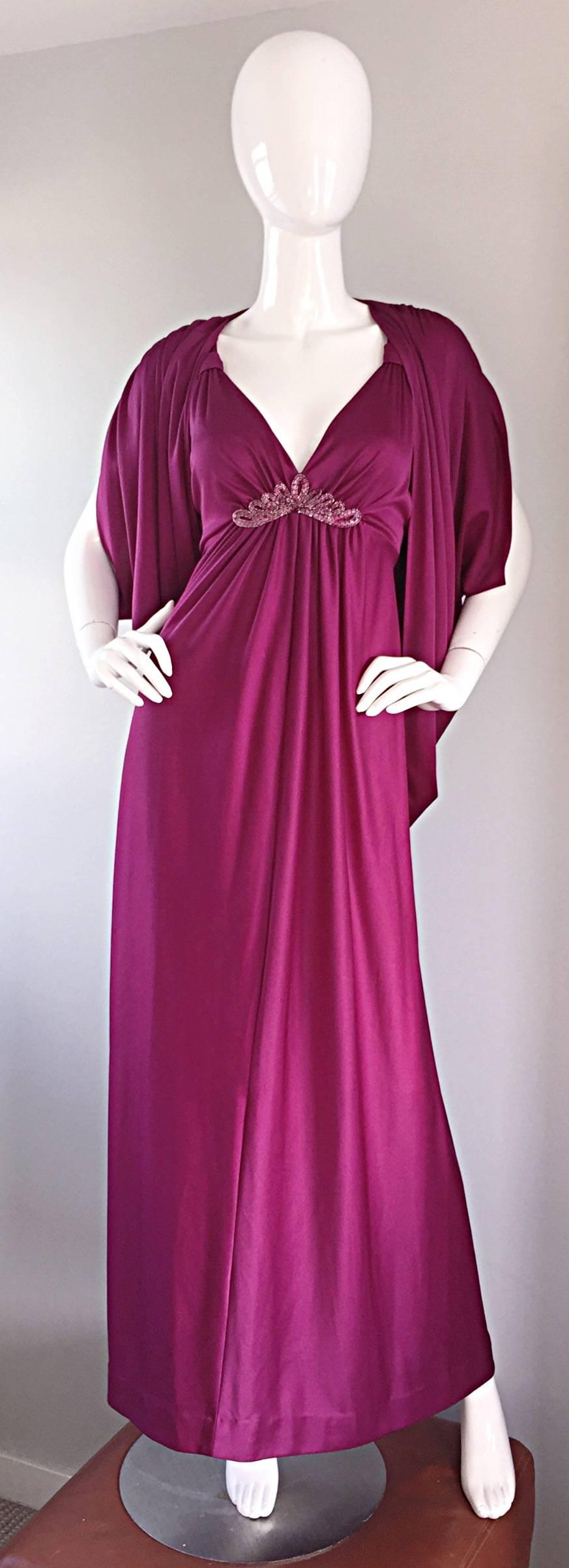 1970s Wine / Burgundy 70s Vintage Beaded Disco Maxi Dress w/ Matching Shrug For Sale 1