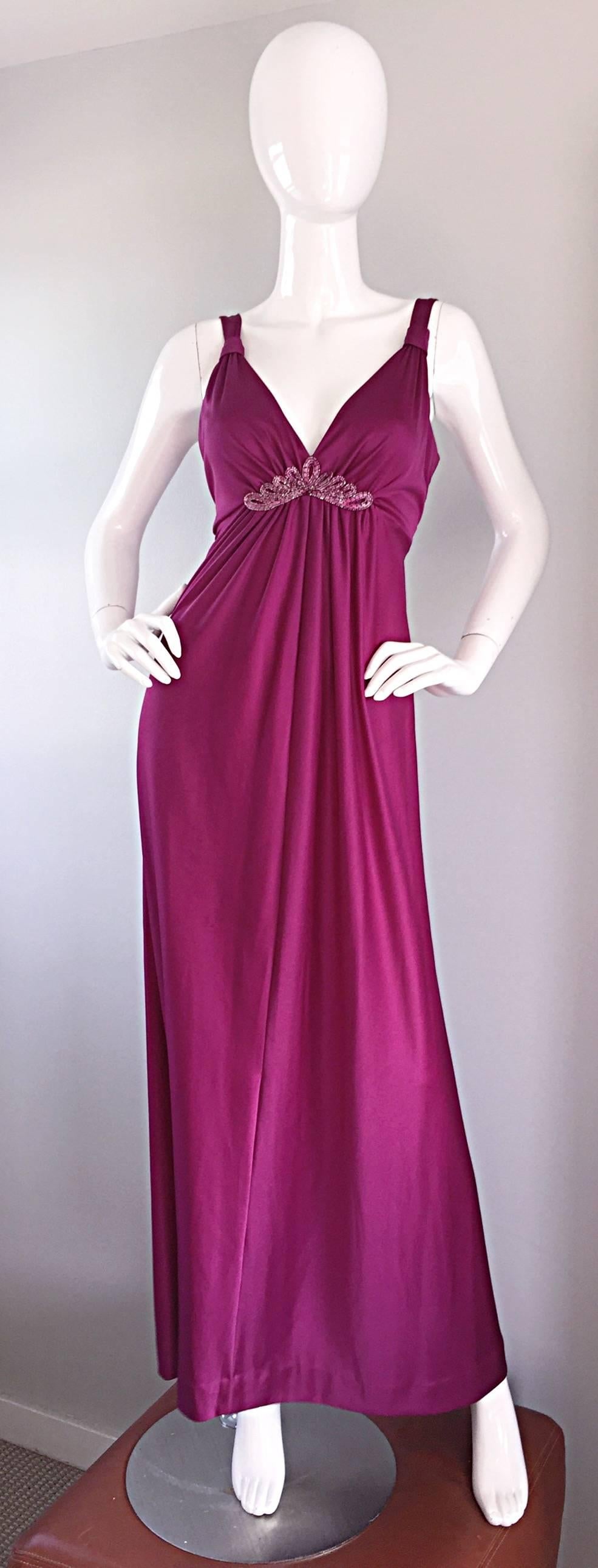 1970s Wine / Burgundy 70s Vintage Beaded Disco Maxi Dress w/ Matching Shrug For Sale 2