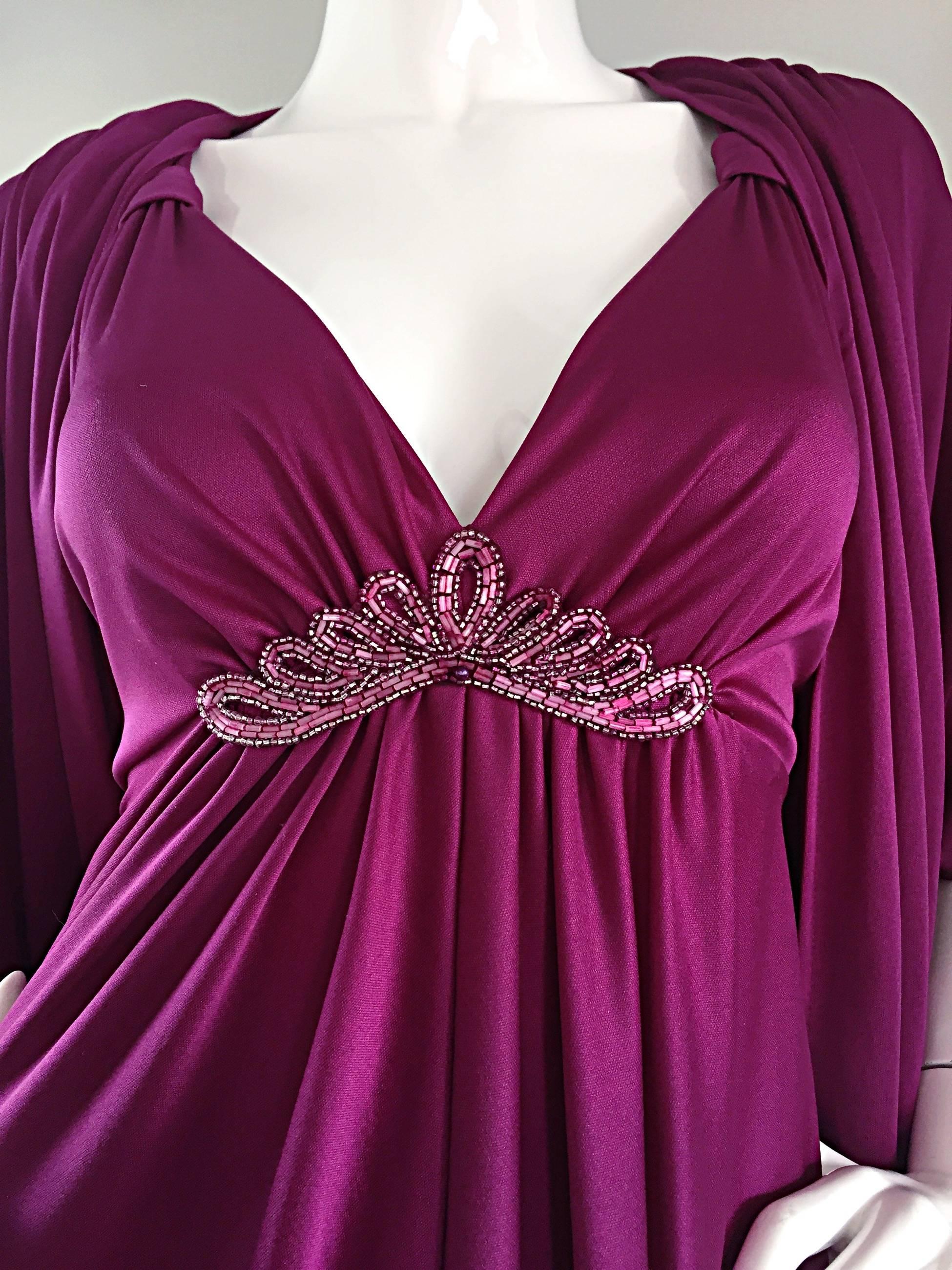 Purple 1970s Wine / Burgundy 70s Vintage Beaded Disco Maxi Dress w/ Matching Shrug For Sale