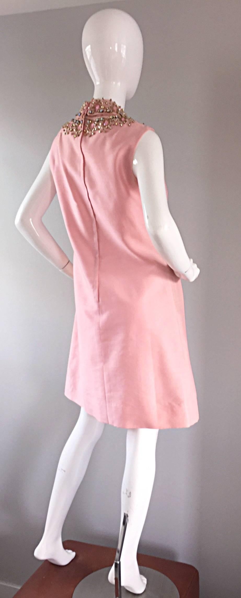 1960s Pink Silk Beaded + Rhinestone + Sequin Vintage 60s A - Line Jeweled Dress 2