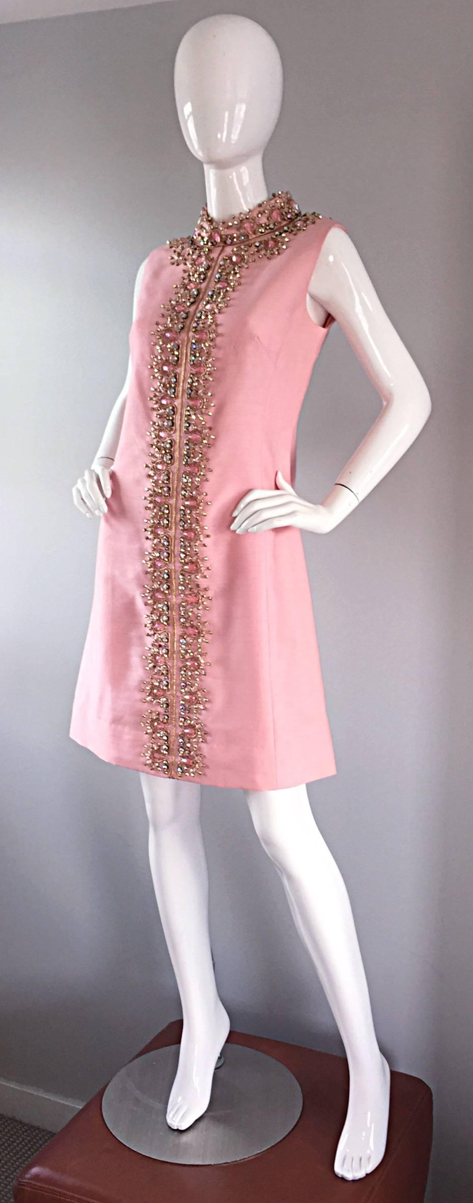 Women's 1960s Pink Silk Beaded + Rhinestone + Sequin Vintage 60s A - Line Jeweled Dress