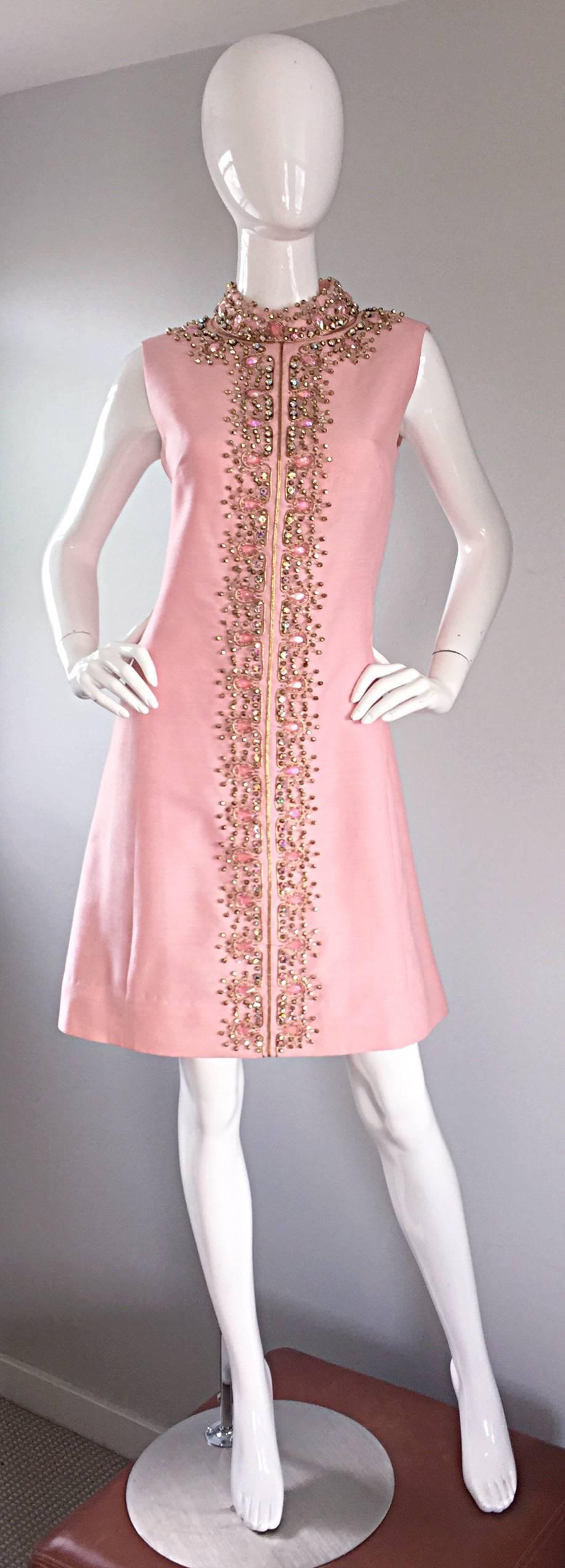 1960s Pink Silk Beaded + Rhinestone + Sequin Vintage 60s A - Line Jeweled Dress 4